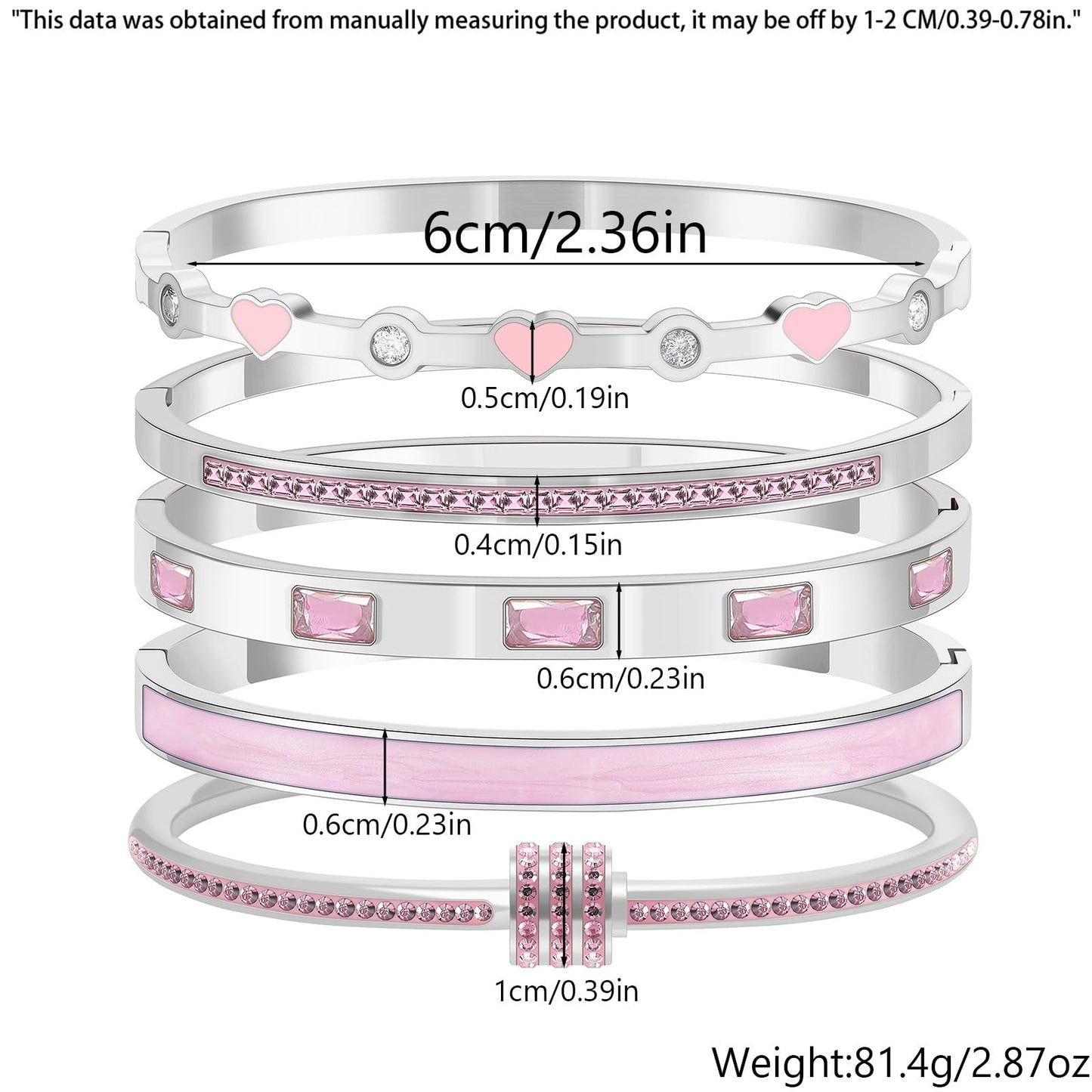 Camhanno 5-Piece Stackable Silver Bangle Bracelet Set for Women - Stainless Steel with Pink Crystal Friendship & Love Heart Bracelet Jewelry Gift for Her (Silver+Pink)