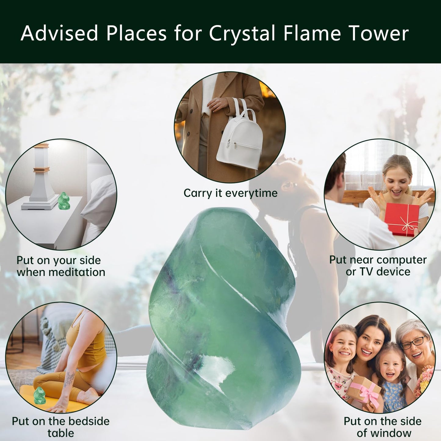 Hguxmcu Natural Fluorite Flame Tower,Reiki Healing Energy Meditation Crystal Stone Decor,Home Office Witchcraft Altar Space Cleansing