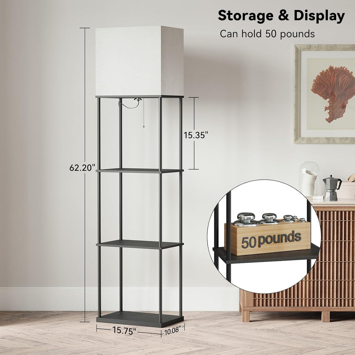 SUNMORY Large Size Floor Lamp with Shelves, 4-Tier Modern Standing Lamp with 3 Color Temperature Bulb, Tall Floor Lamp with Shelf, Corner Display Bookshelf Lamps for Living Room, Bedroom, Office