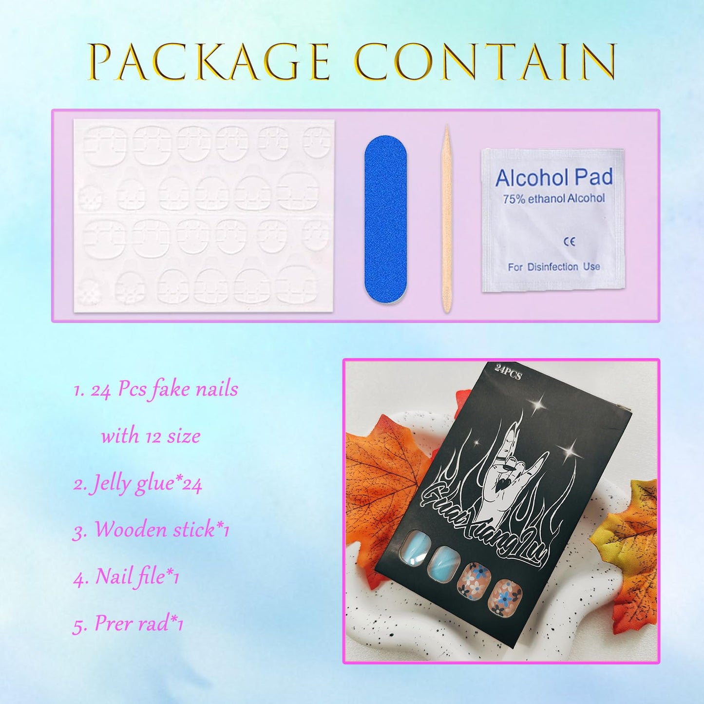 Short Fake Nails Square Press Ons Full Cover False Nails with Light Blue Flower Designs Acrylic Press Ons Artificial Glossy Stick Ons Reusable Glue Ons for Women 24 Pcs