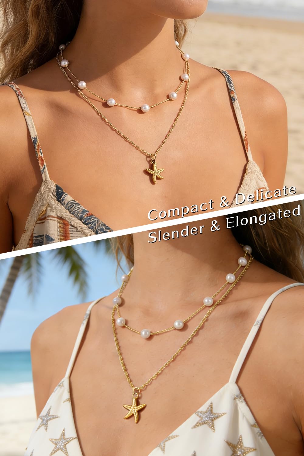 Beach Layered Starfish Necklace for Women, 14K Gold Plated Shell Conch Seashell & Pearl Charm Pendant, Dainty Coastal Summer Vacation Jewelry