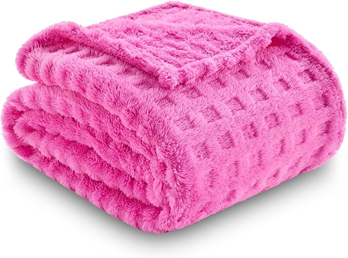 NEWCOSPLAY Super Soft Throw Blanket Pink Premium Silky Flannel Fleece 3D Waffle Checkered Lightweight Bed Blanket All Season Use (Hot Pink, Throw(50"x70"))