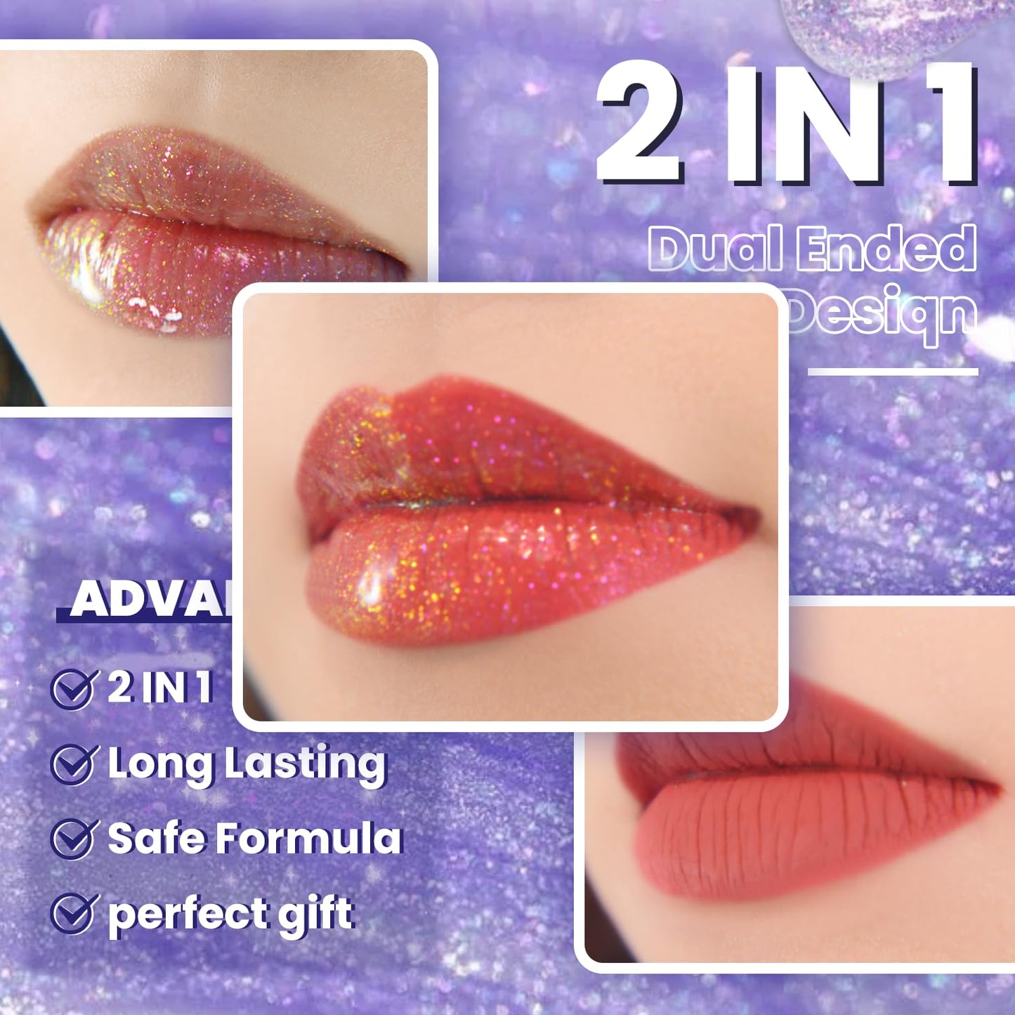 CHARMACY Multichrome Double Head Non-Stick Lip Gloss, Metallic Colourful Lip Glaze, Anti-transfer, Long Lasting Waterproof Liquid Lipstick Makeup (#01)
