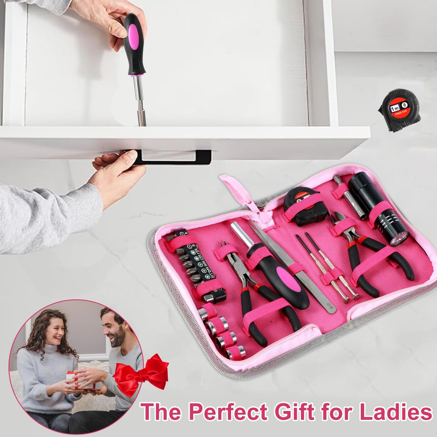23Pcs Pink Tool Set for Women, Home Repairing Tools Kit Women, Multifunctional Pink Home Hand Tool Set with Storage Bag, Portable Women Repair Tool Combination Set