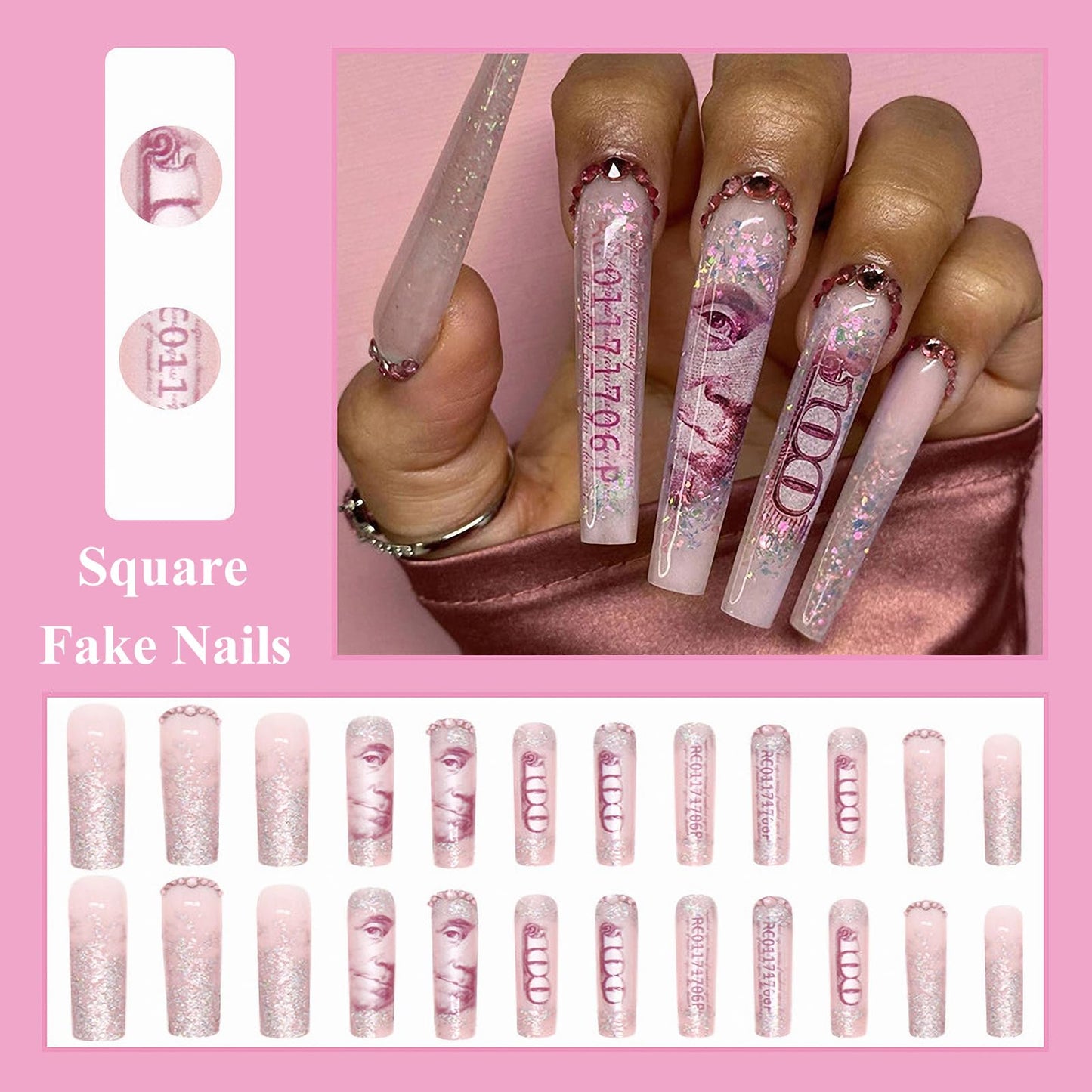 MISUD Press on Nails - Extra Long Square Fake Nails with Dollar Money, Acrylic Bling Glitter Rhinestone Design 24 pcs