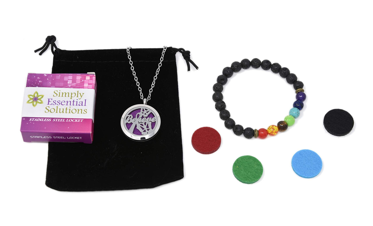 Aromatherapy Essential Oil Diffuser Stainless Steel 30MM Silver Magnetic Locket Pendant 2 Sizes Chain Necklace, Refill Pads & Diffuser Bracelet in a Velvet Bag (Believe)