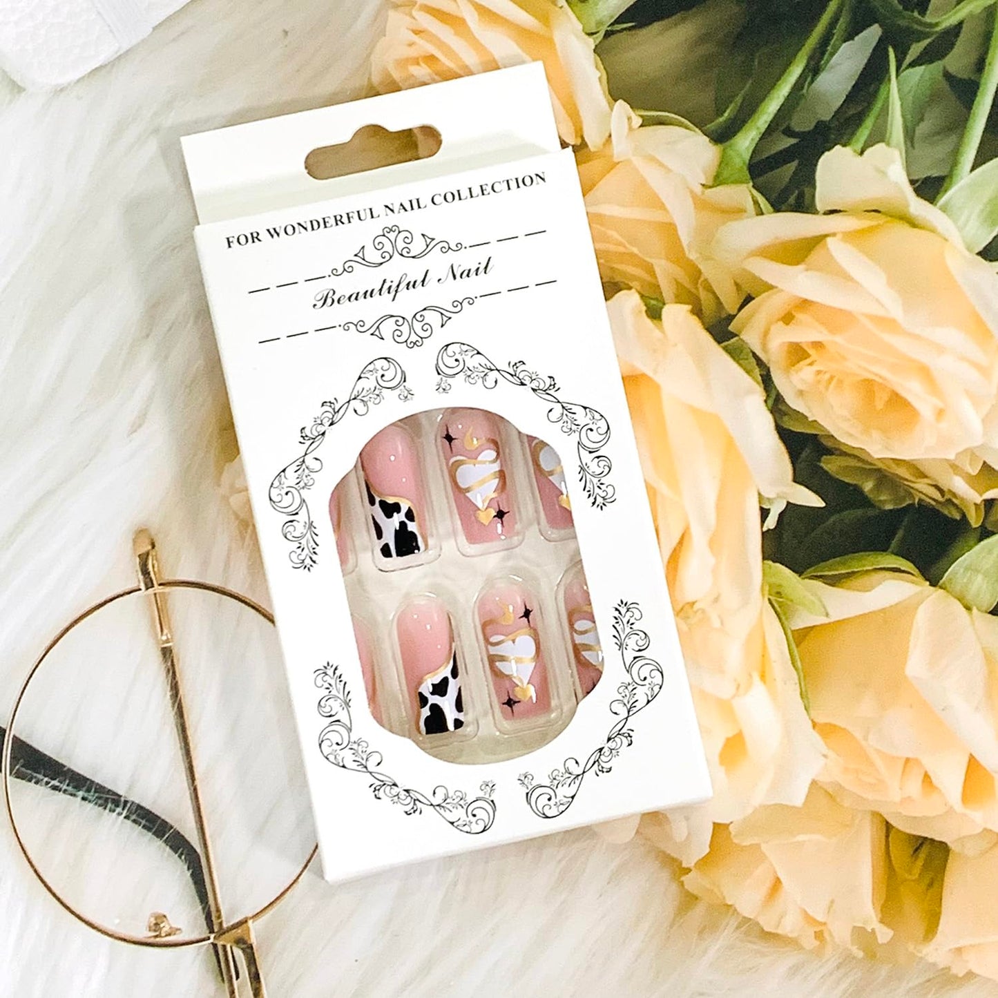 Press on Nails Medium Square Shapes 24Pcs Glossy Full Cover Artificial Pink Fake Nails with Gold Snake Line Designs Reusable Coffin Acrylic Fall False Nails Glue on Fingernails with Charm for Women