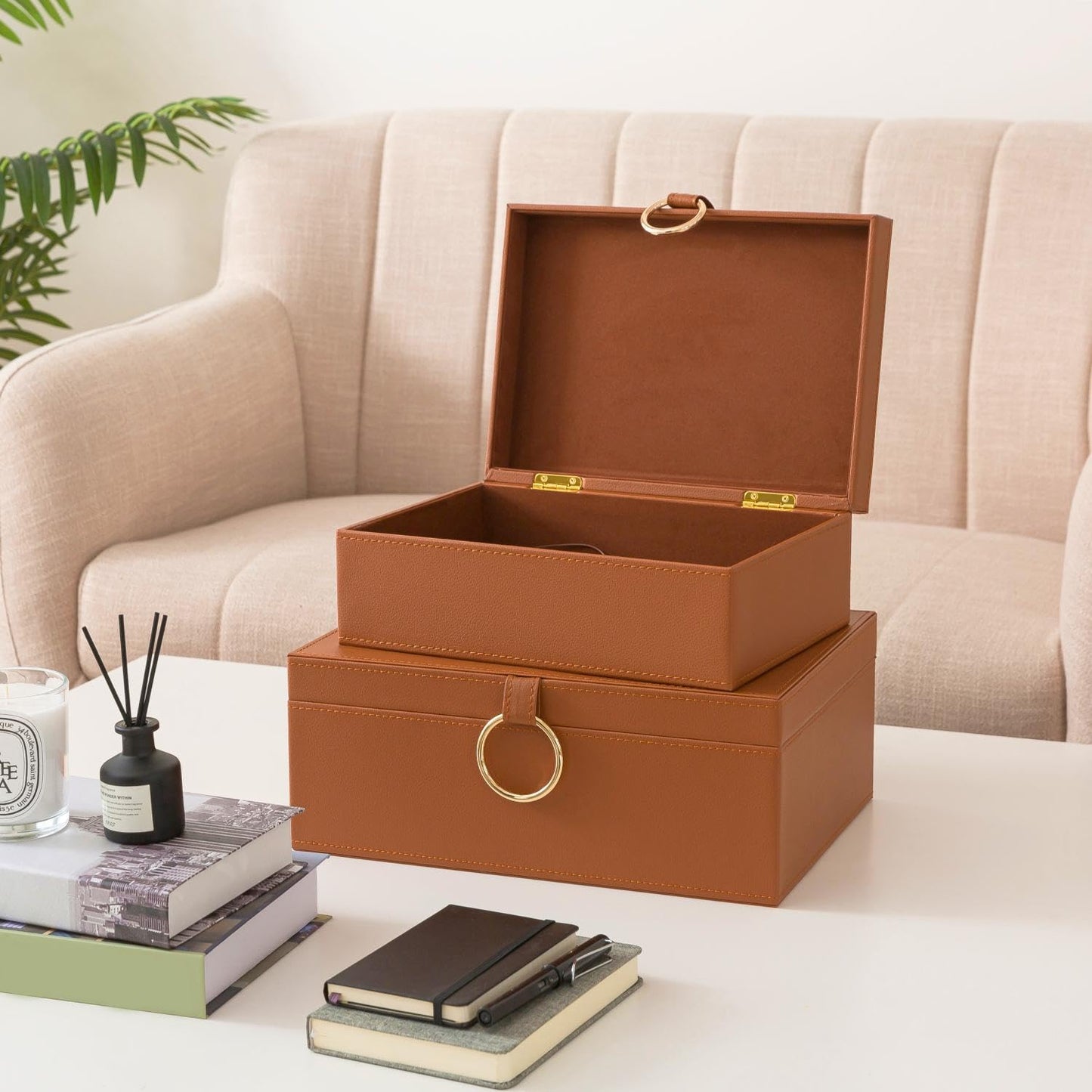 Soul & Lane Faux Leather Storage Box Set, 2 Decorative Boxes with Lids for Home Decor, Coffee Table and Living Room Shelf Organization, Remote Control Holder with Stacking Design, Warm Saddle Brown