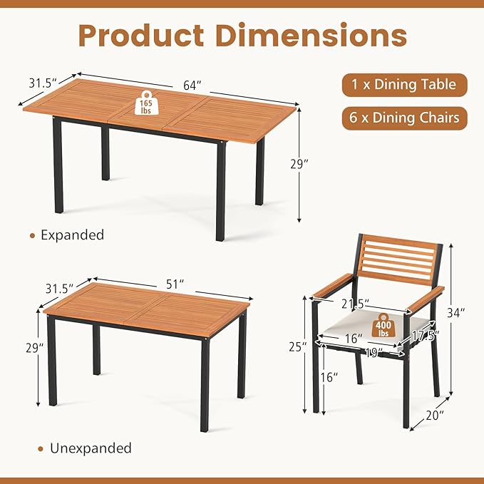 Tangkula 7 Piece Patio Dining Set, Outdoor Acacia Wood Cushioned Chairs and 51”-64” Expandable Rectangular Table Set, with Umbrella Hole, 6 Stackable Armchairs, for Poolside Garden (Off White)