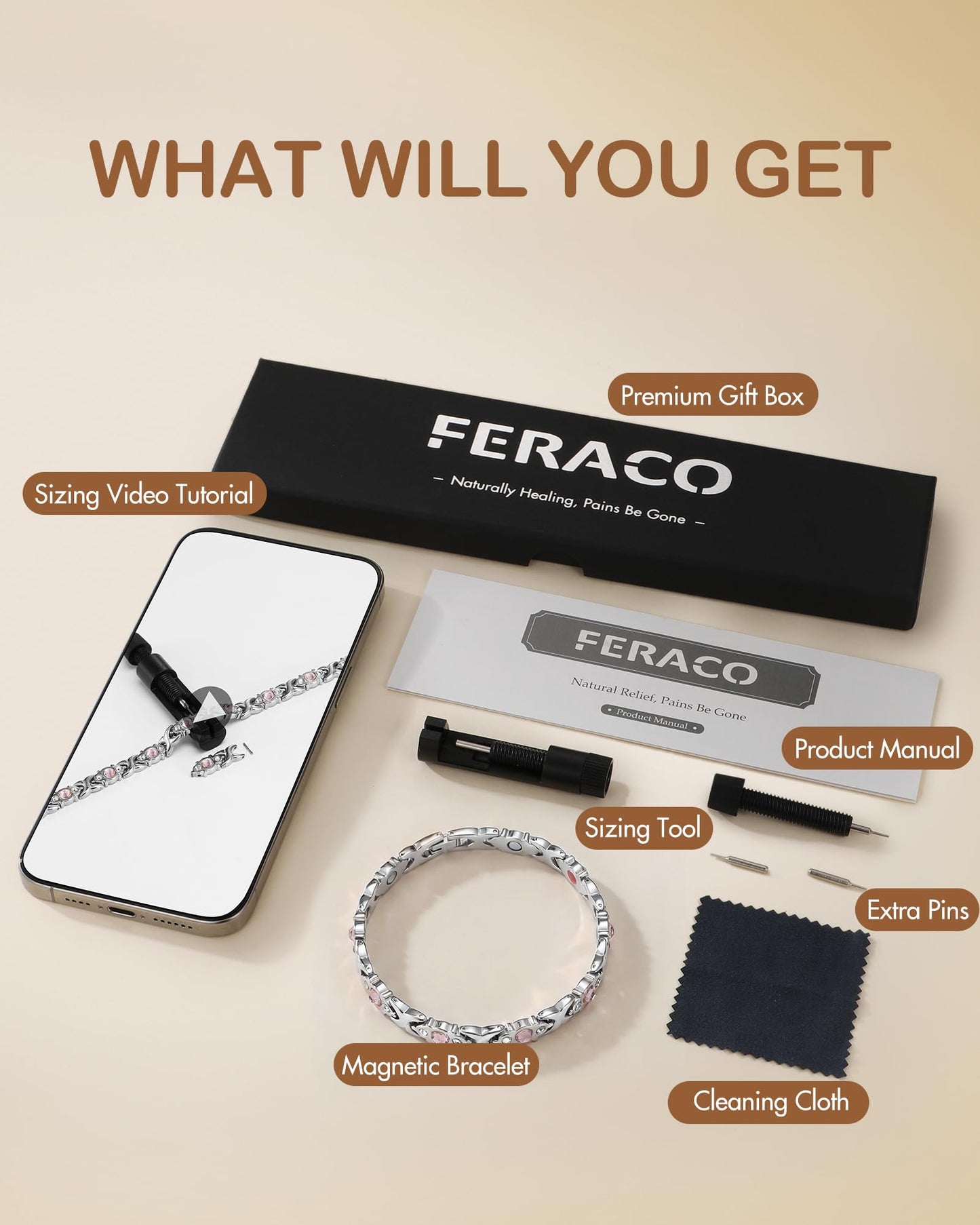 Feraco Pure Copper Bracelets for Women, 4 Elements Magnetic Bracelet with 3800 Gauss Neodymium Magnets & Dazzling Crystals, Adjustable Jewelry Gift (Silver)