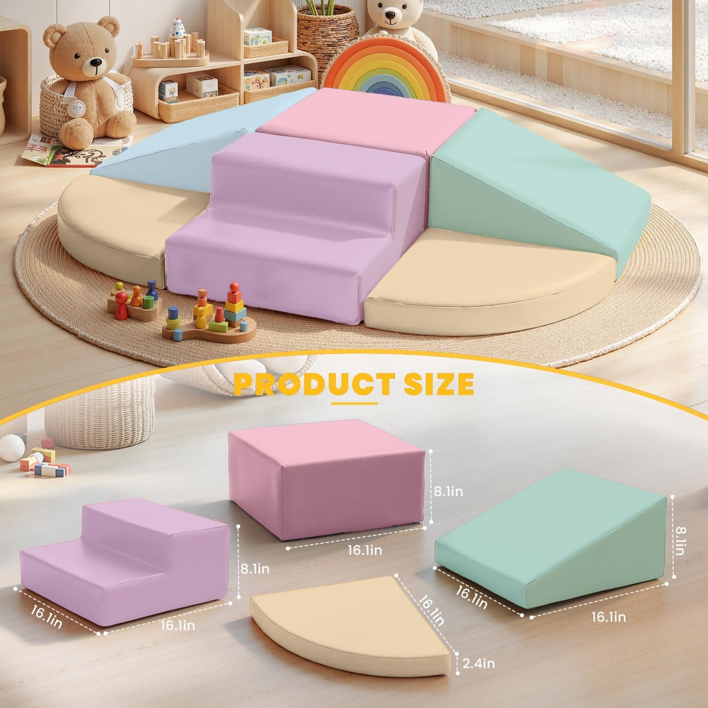 Hoohtoot Foam Climbing Blocks for Toddlers: 6-Piece Soft PU Leather Set - Indoor Climbing and Crawling Toys - Baby Play Gym - Kids Learning Play Structure for Preschool