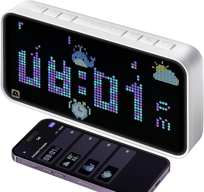 Dekala PixelRise Smart Alarm Clock for Bedroom,Pixel Art LED Dot Matrix Display, Weather Temperature Animation, Loud Dual Alarm for Heavy Sleeper, Sleep White Noise, WiFi Weather & DST Time Sync, App