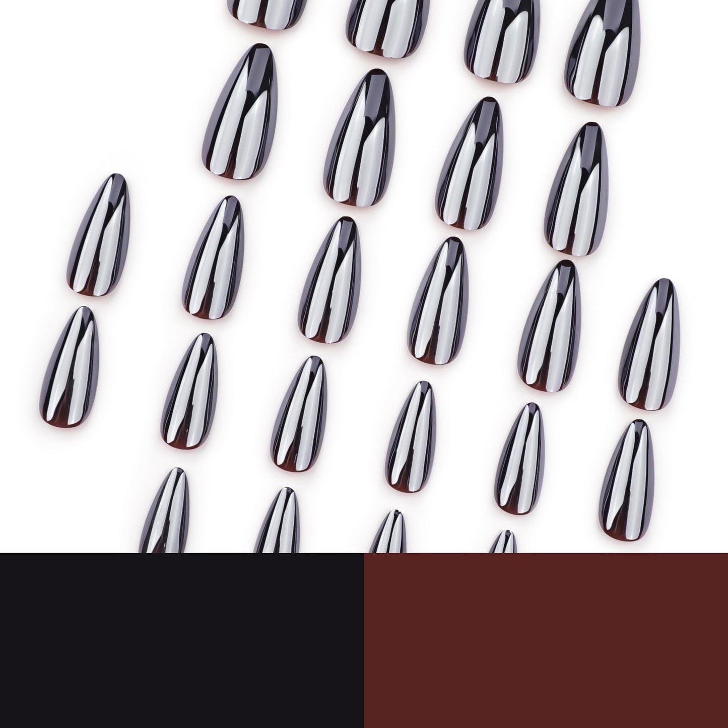 Black Press on Nails Almond - Medium Fake Nails with Chrome Design - Glossy Full Cover Stick on False Nails for Women 24 Pcs