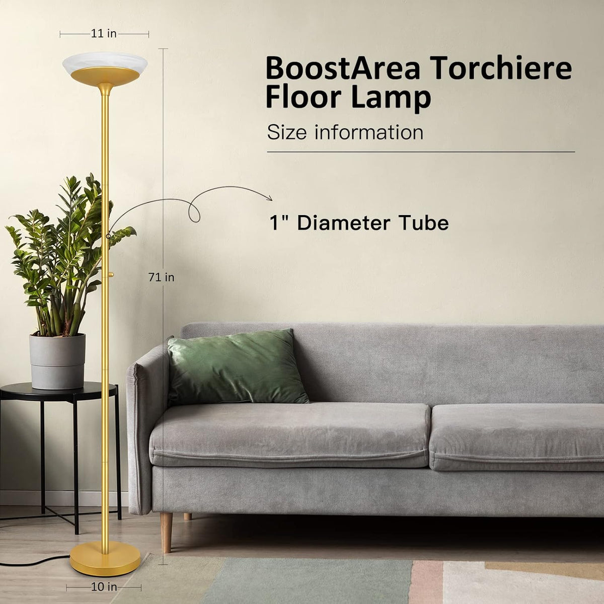 BoostArea Torchiere Floor Lamp, 24W Super Bright LED Standing Lamp, 3000K Stepless Dimmable Pole Lamp with Rotary Switch, 70 Inch Tall Metal Modern Floor Lamps for Living Room/Bedroom/Office/Den, Gold