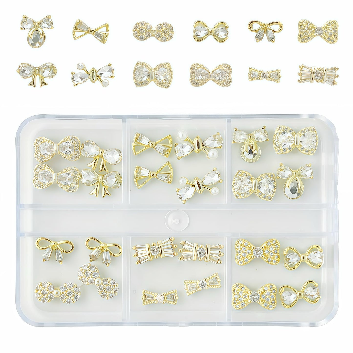Pizadix 24 Pcs 3D Luxury Gold Nail Charms and Gems with Bows for Nail Art Decoration