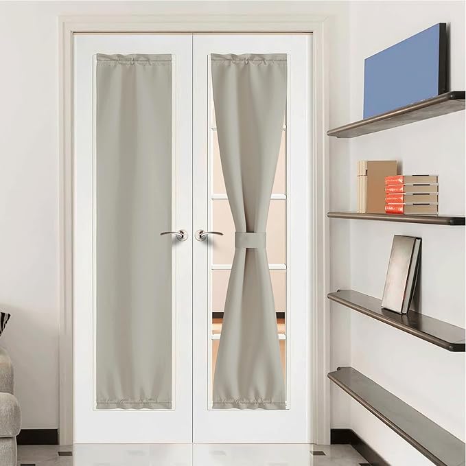 NICETOWN Natural French Door Curtains for Windows, Privacy Thermal Insualted Door Curtains Rod Pocket for Front Sidelight, Living Room, Kitchen, 1 Panel with Tieback, 12 x 72 Inches Long