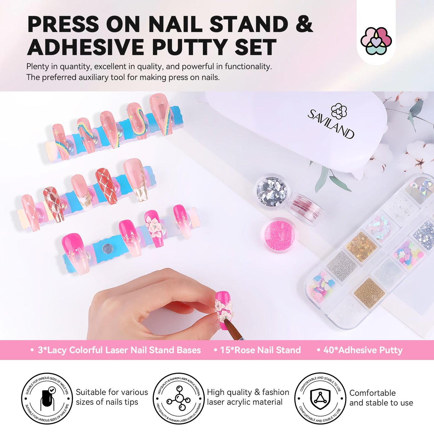 SAVILAND Nail Stand for Press On Nails Display:15pcs Nail Stand Set 3X Strong Magnet Solid Nail Glue Gel & Nail Glue Remover Kit: U V Light for Nails Complete Nails Tools for Press Ons Strong