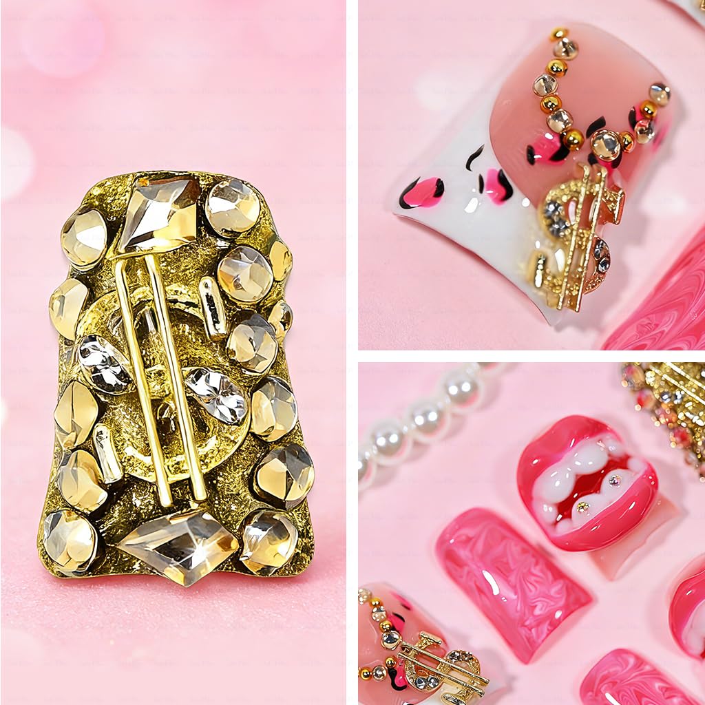 IntoVibes 10 Pieces Luxury Acrylic Press On Nails Short Handmade Duck Nails, Pink Thickened False French Nails, Exaggerated Red Lips And The Dollar Sign, Reusable Fake Nails, Acrylic Nails (L)