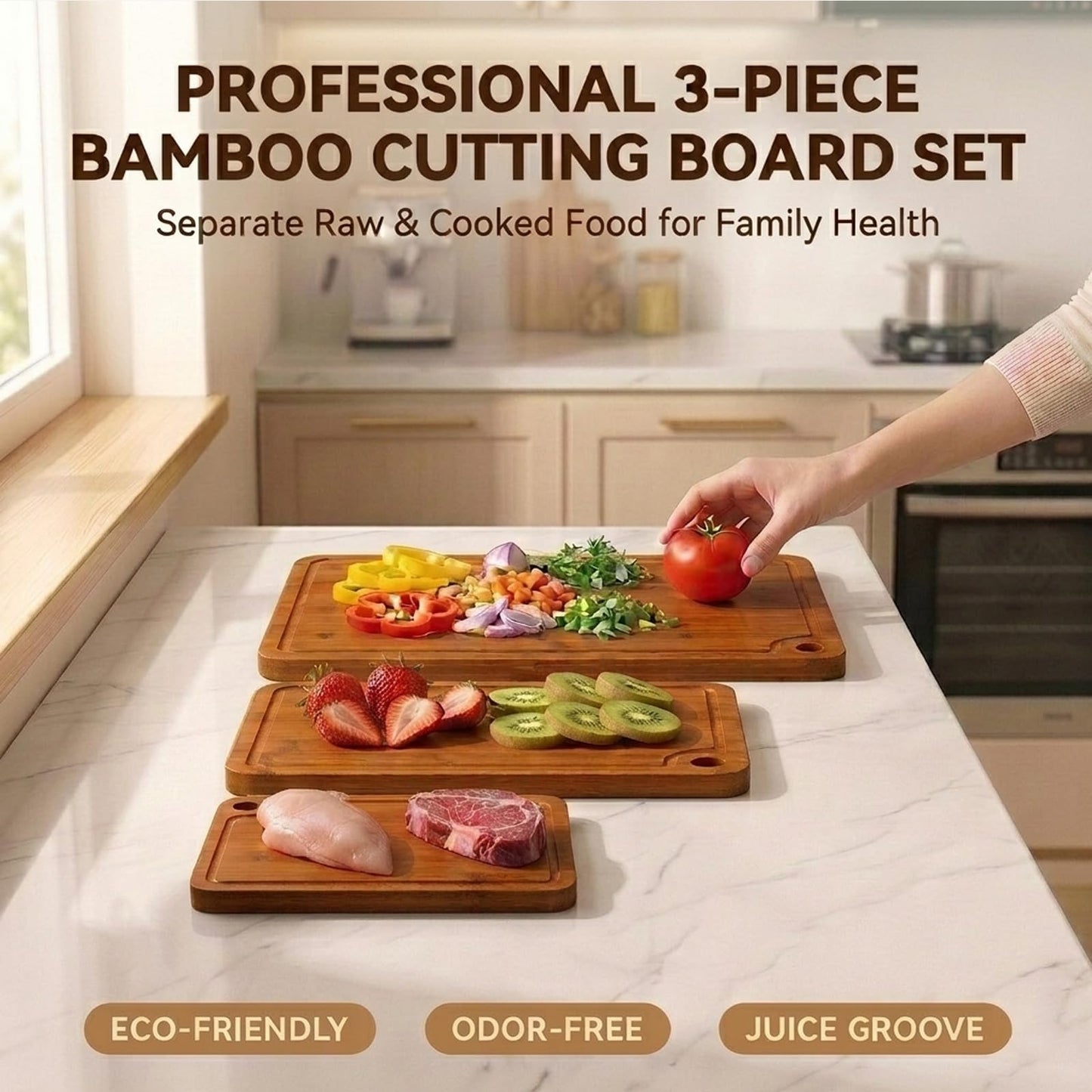 Deep-Carbonized Wood Cutting Board Set, HKKZYT 3 Pack Bamboo Chopping Boards for Kitchen with Side Handles, Charcuterie Board Juice Groove Knife-Friendly for Heavy Duty