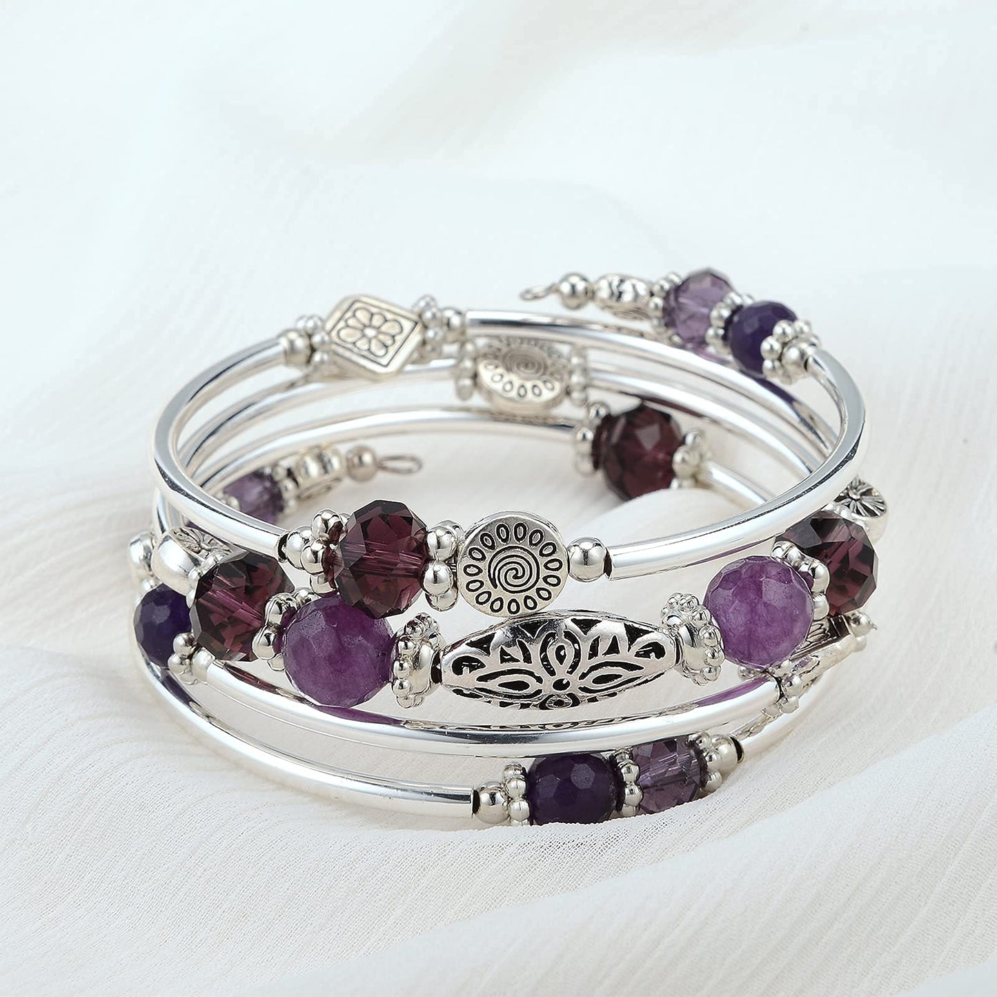 FULU AUTUMN Stackable Beaded Bracelets for Women Boho Wrap Silver Bracelet Layered Fashion Jewelry Gifts for Her(Purple)