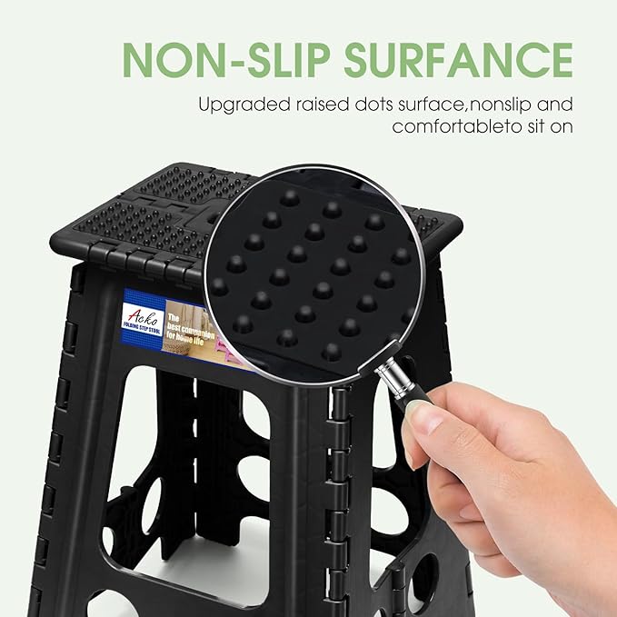 ACKO Folding Step Stool Foldable 17.5 Inch Stools for Adults and Kids,Plastic Stools Tall 400 lbs Capacity, Collapsible Stool for Kitchen, Stepping Foot Stool with Handle, Dot Black,1 PC