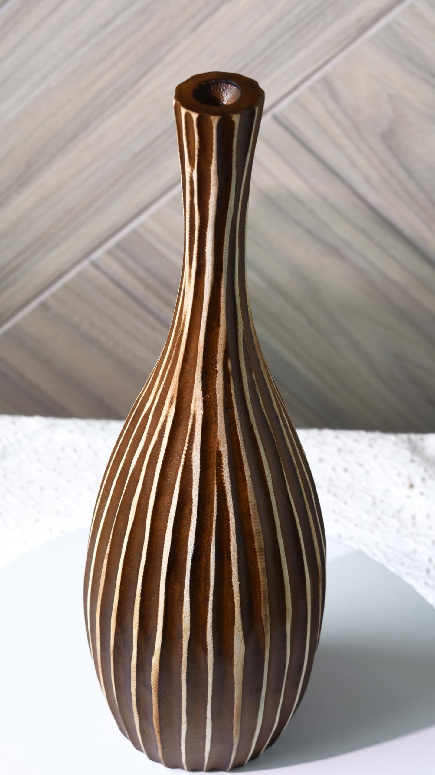 AeraVida Hand-Carved Tall Teardrop Mango Wood Vase with Vertical Stripes | Handmade Eco-Friendly Decor for Dried or Silk Flowers