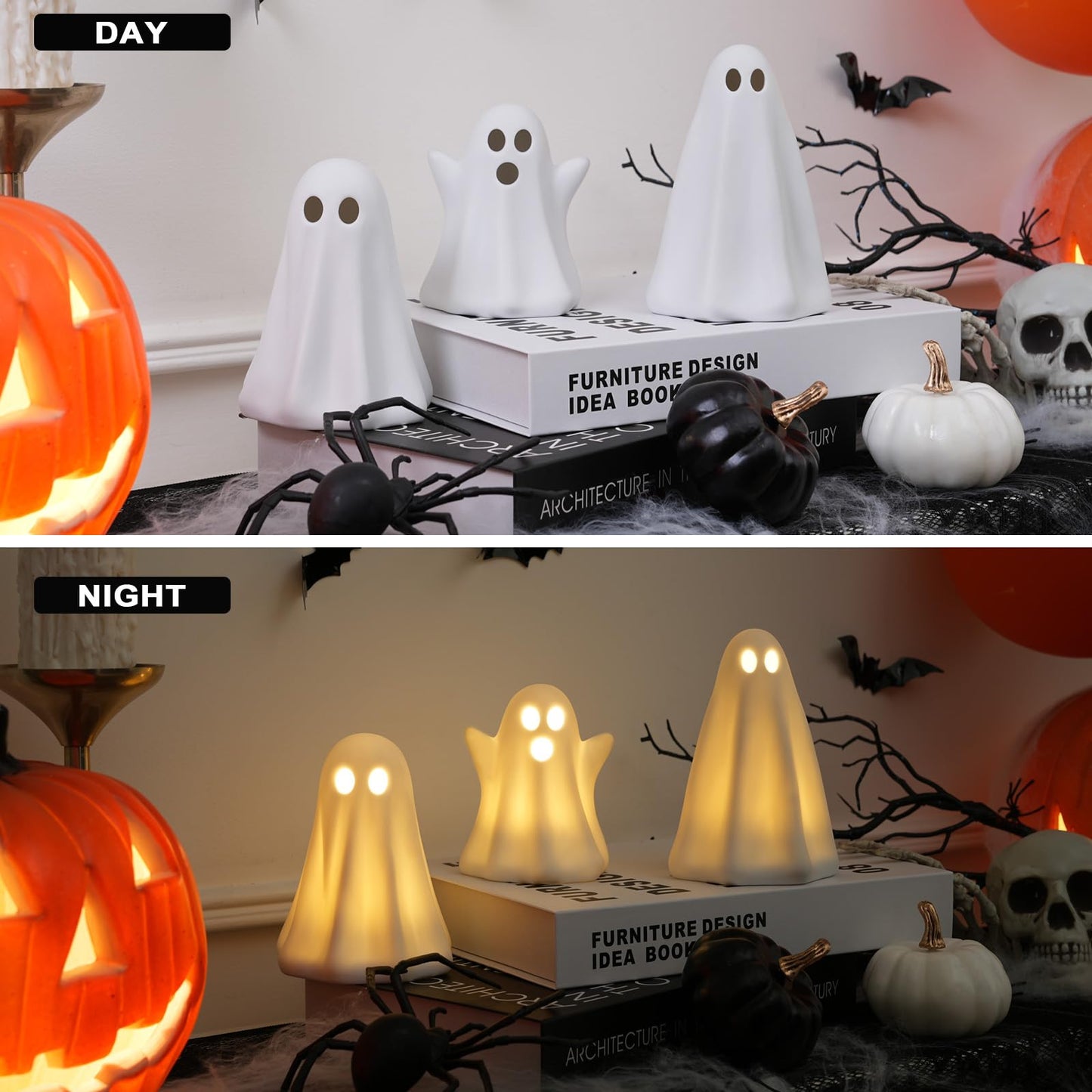 Light Up Ghost Halloween Decor - 3 Pack Ceramic White Ghost Figurines - Indoor, Table, Tray