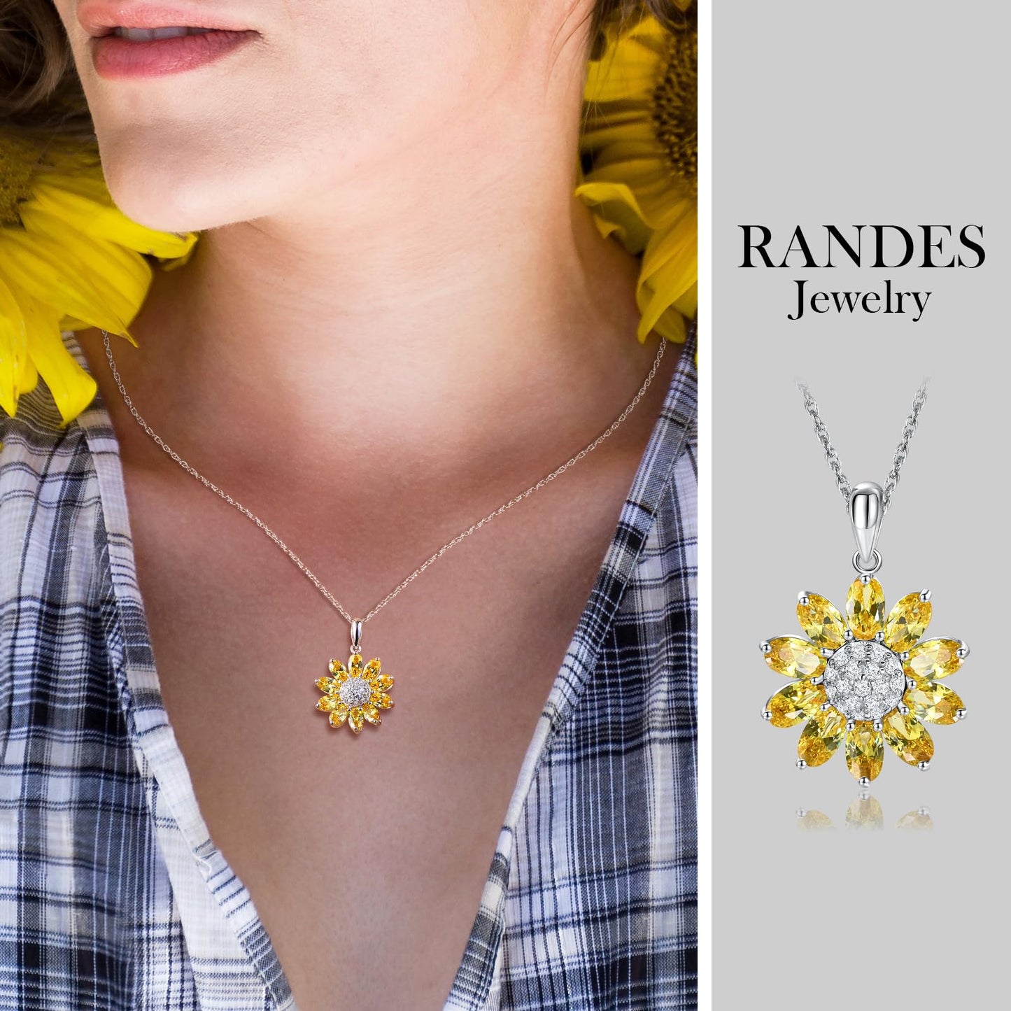 RANDES 925 Sterling Silver Sunflower Necklaces for Women Small Created Citrine Crystal Pendant Sunshine Flowers Necklace