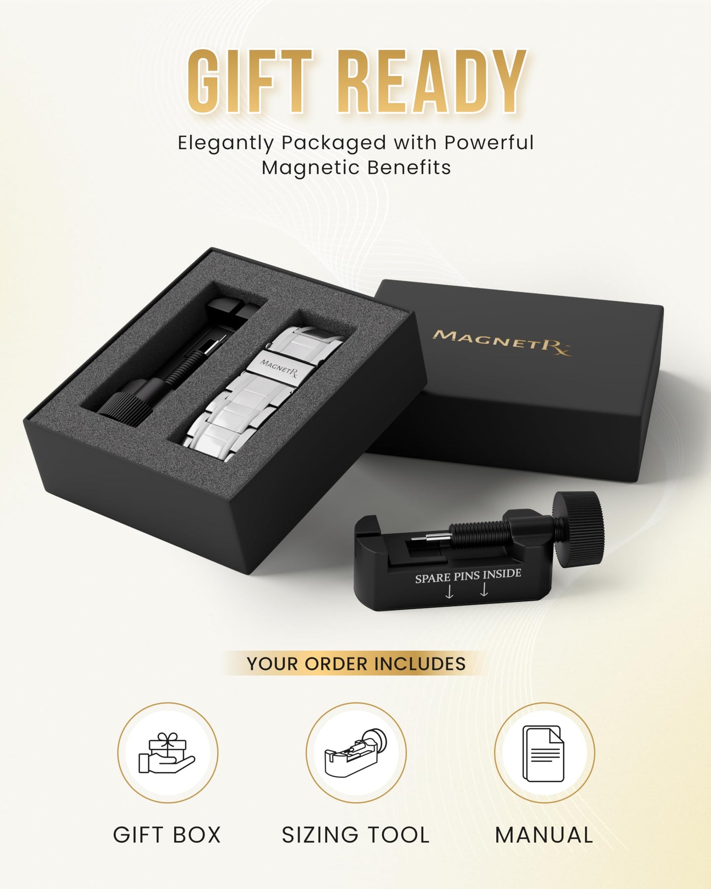 MagnetRX® 3X Strength Mens Magnetic Bracelet – Titanium Magnetic Bracelets for Men – Premium Fold–over Clasp & Adjustable Length with Sizing Tool & Gift Box (Silver)