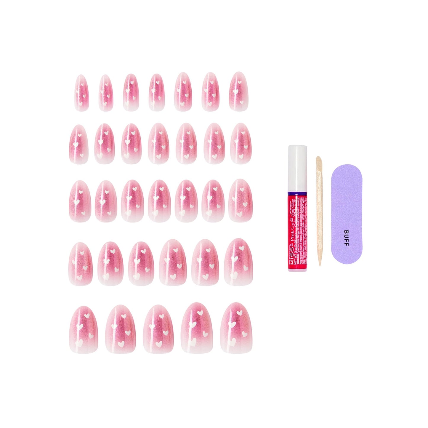 Kiss LOVE, Press On Nails, Nail glue included, 'My Forever Valentine', Pink, Medium Size, Almond Shape, Includes 32 Nails, 2g Glue, 1 Manicure Stick, 1 Mini File