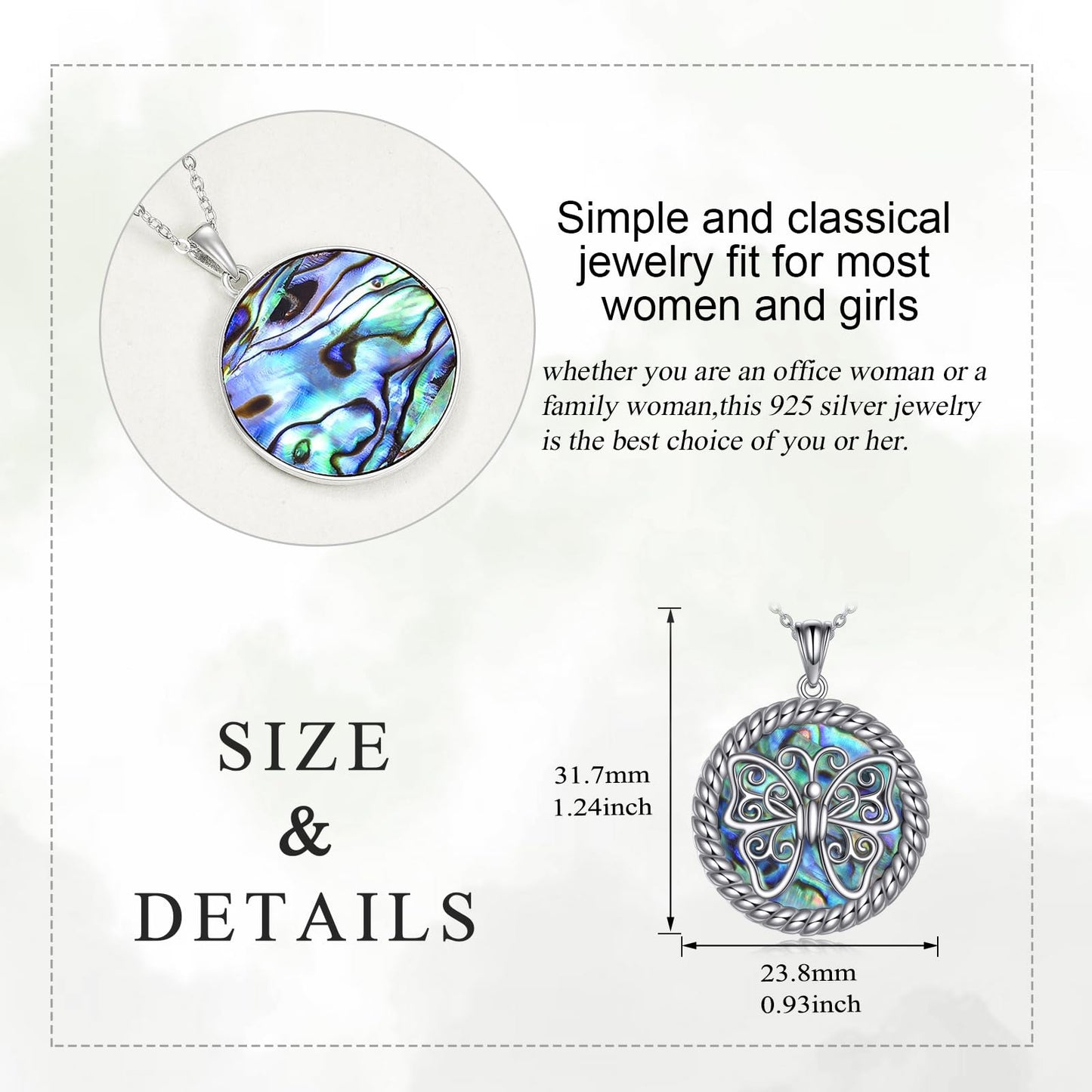 KQF Butterfly Necklace 925 Sterling Silver Filigree Butterfly Pendant Abalone Shell Jewelry Gift for Women Mom Daughter