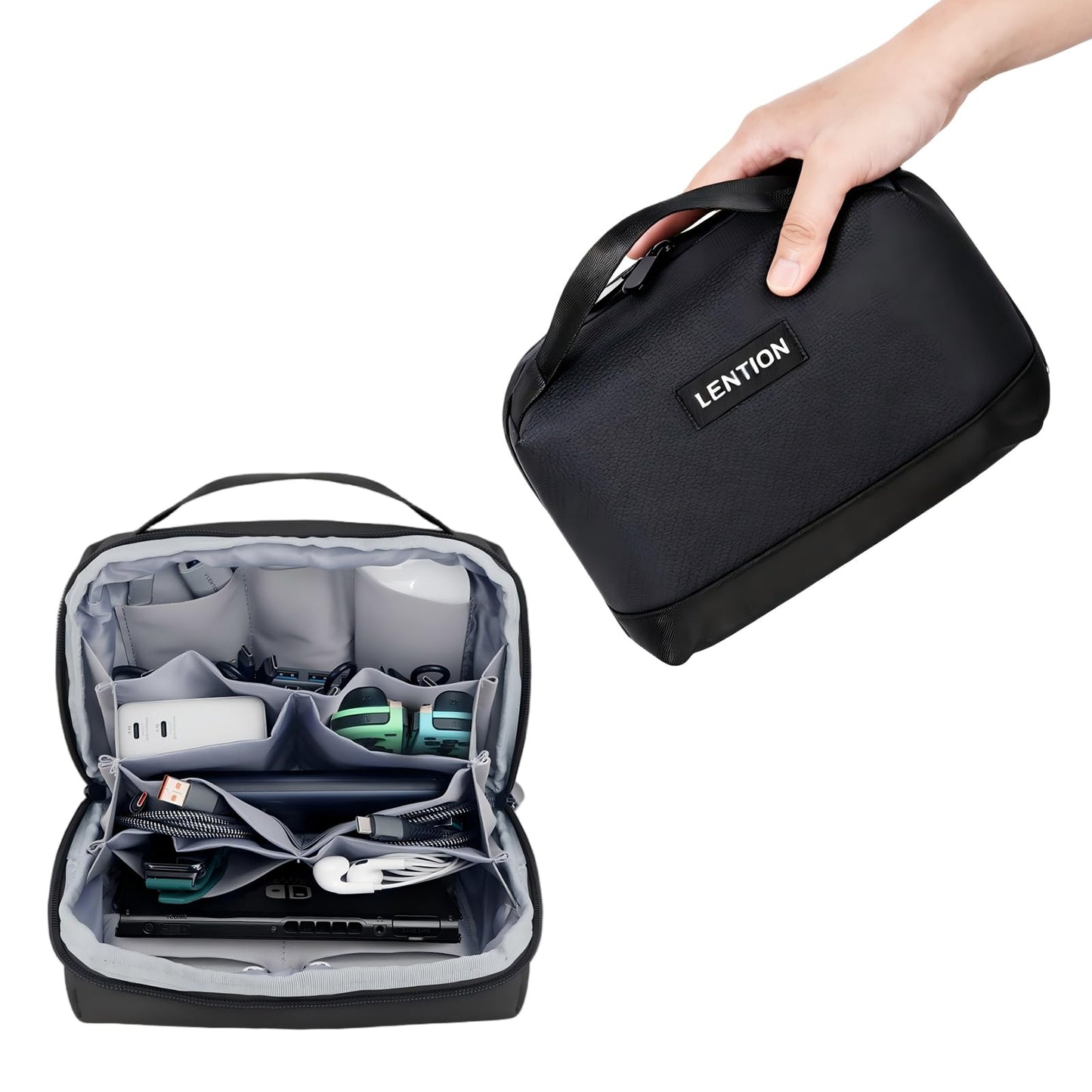 LENTION Premium Electronics Organizer Case with Handle, Large Multi-Compartment Travel Tech Bag for Tablet, Macbook Chargers, Cables, AirPods, Hard Drive Case Waterproof Travel Accessory(M372 Black)