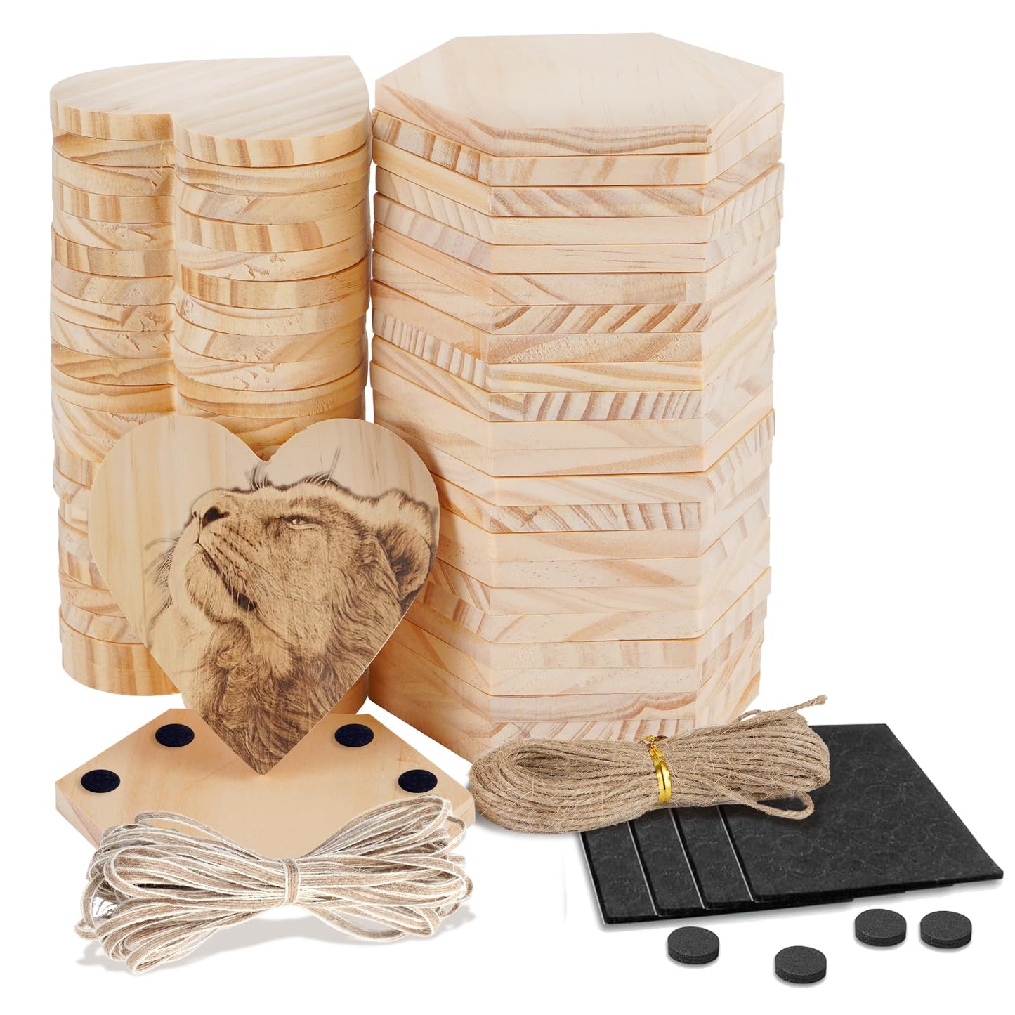 Jurtmy 48 Pcs Unfinished Wood Coasters, DIY Blank Coasters for Crafts,with Non Slip Pad, for Wood Engraving,Painting,Christmas Wedding Home Café Decor (48 Pcs-Hex&Heart)