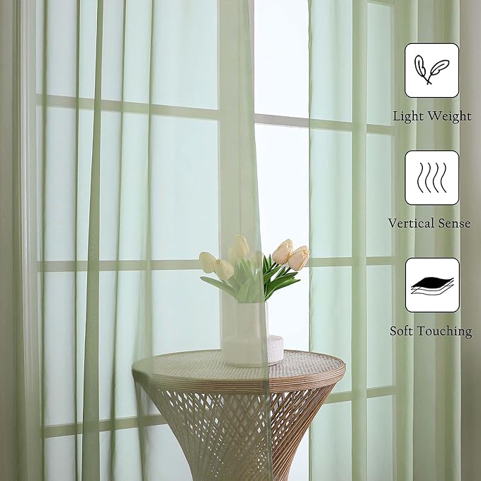 Lecloud Sage Green Sheer Curtains 120 Inches Long 2 Panels, Extra Wide Farmhouse Airy Voile Window Curtains, Solid Sheer Curtain Drapes for Living Room Balcony Big Windows, 59" W x 120" L