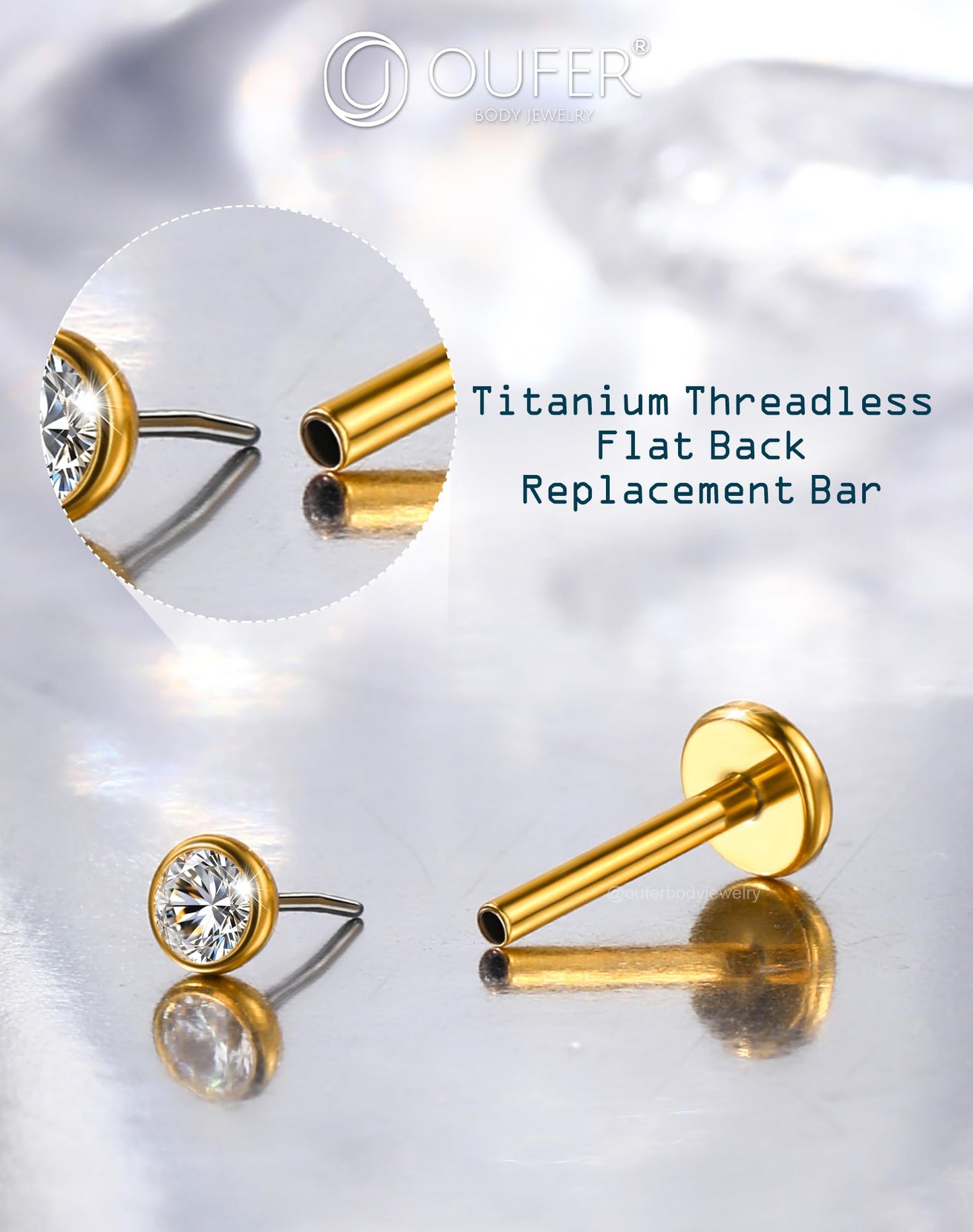 OUFER 2Pcs Nose Studs, 18G G23 Solid Titanium Threadless Nose Earrings Flat Back Tiny CZ 2MM Gold Nose Helix Cartilage Piercing Jewelry for Women Men-6MM