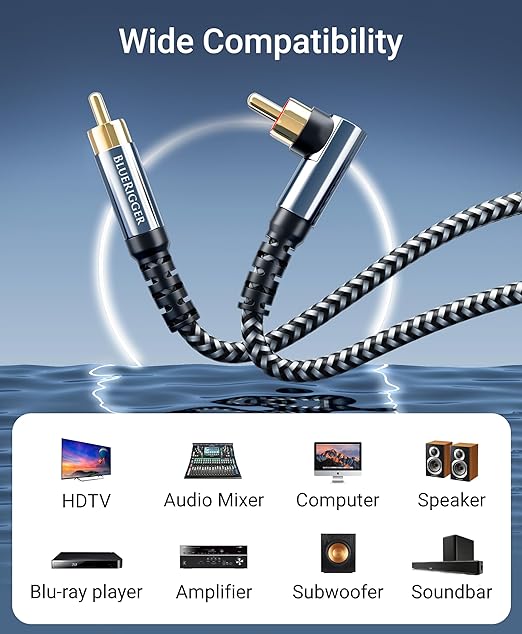 BlueRigger Subwoofer Cable 90D (35FT, RCA Audio, Dual Shielded, Gold Plated, Right Angled Male RCA Connectors) – Compatible with Subwoofer, Amplifier, Home Theater
