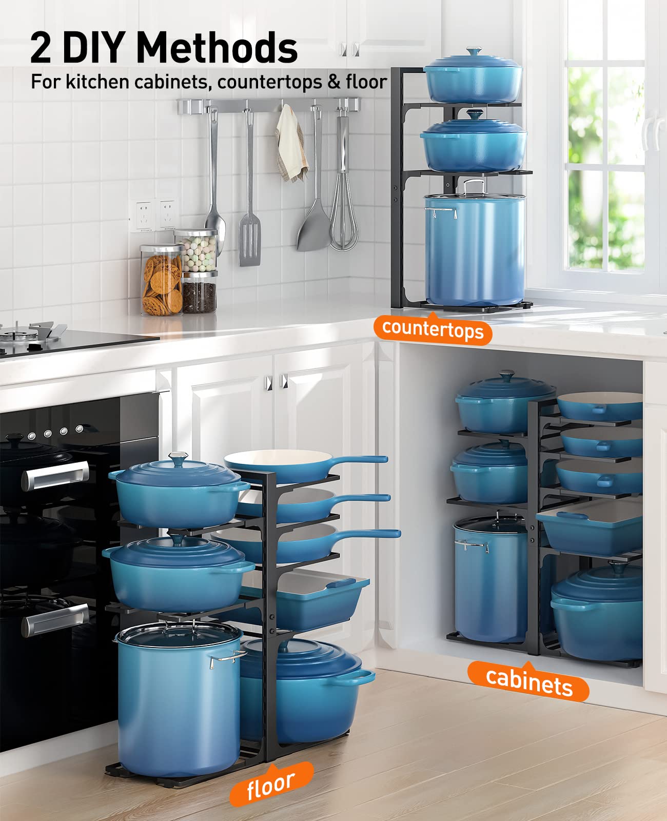 ORDORA Pots and Pans Organizer: under Cabinet, 20.8" Height Heavy Duty 120LBS Pots Pans Organizer Rack for under Cabinet 8-Tier Adjustable for Big Stockpots, Dutch Oven, Cast-iron Pans, Heavy Cookware