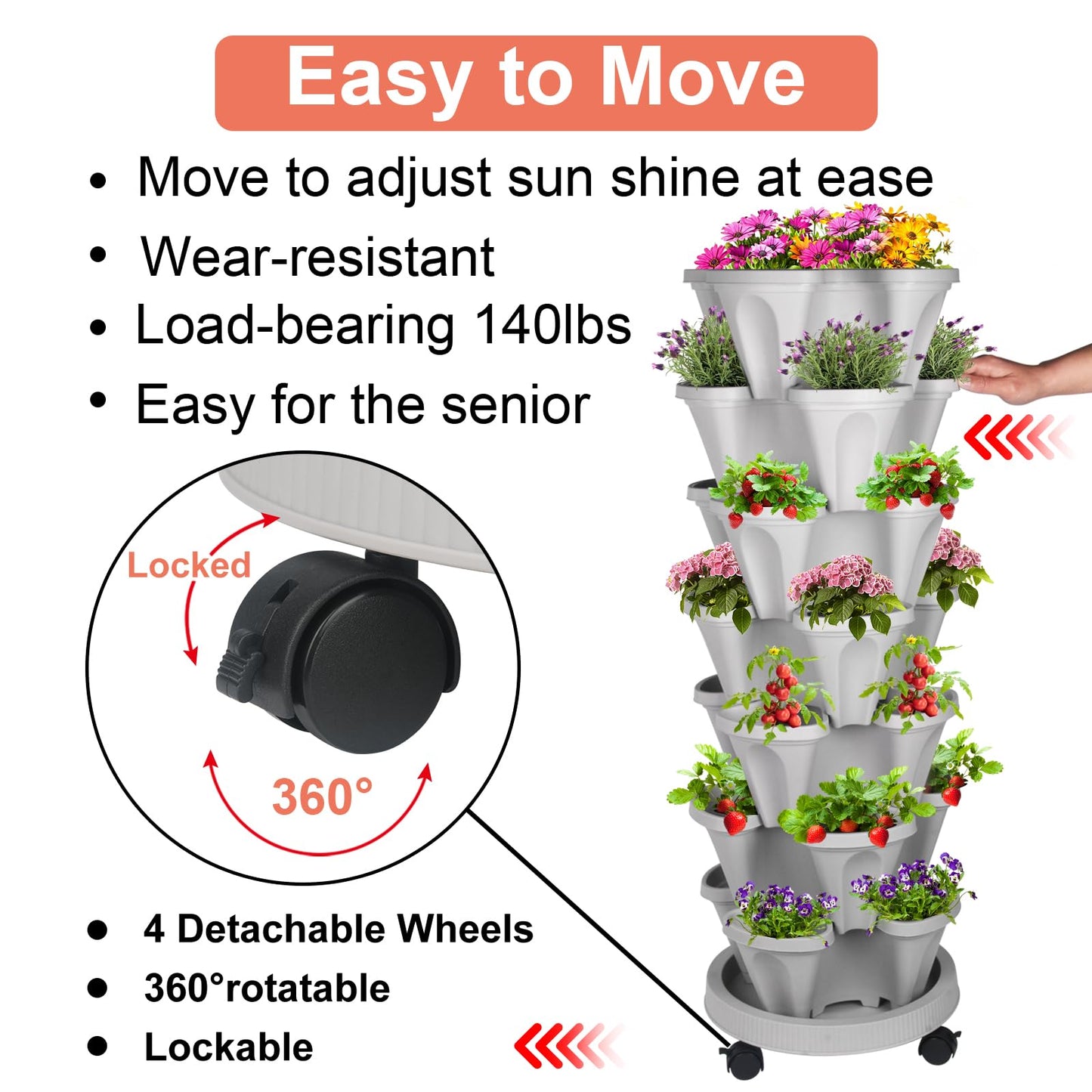 GameXcel Vertical Planter Tower- 7 Tier Stackable Garden Planter with Wheels and Tool Set – Grow Strawberries Herbs Flowers and Vegetables - Indoor Outdoor Use Gray