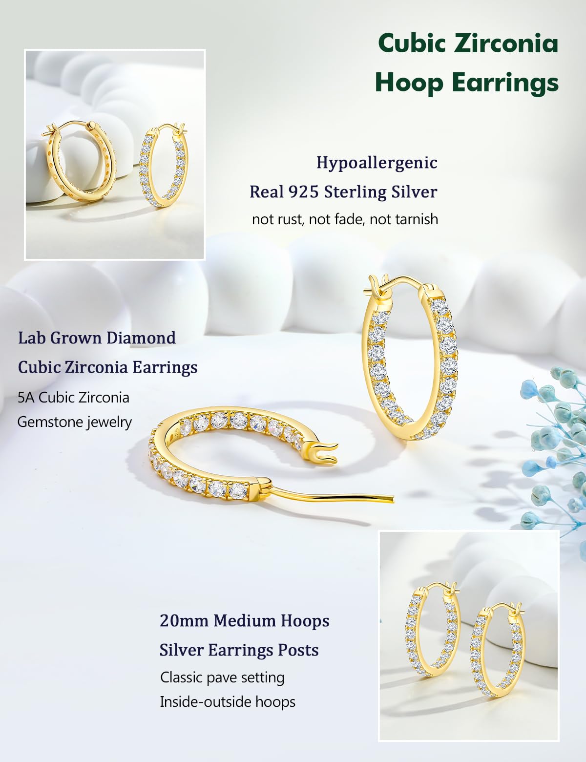 RANDES 14K Gold Plated Hoop Earrings for Women Hypoallergenic Cubic Zirconia Hoops Sterling Silver Created Diamond Large Round Earrings