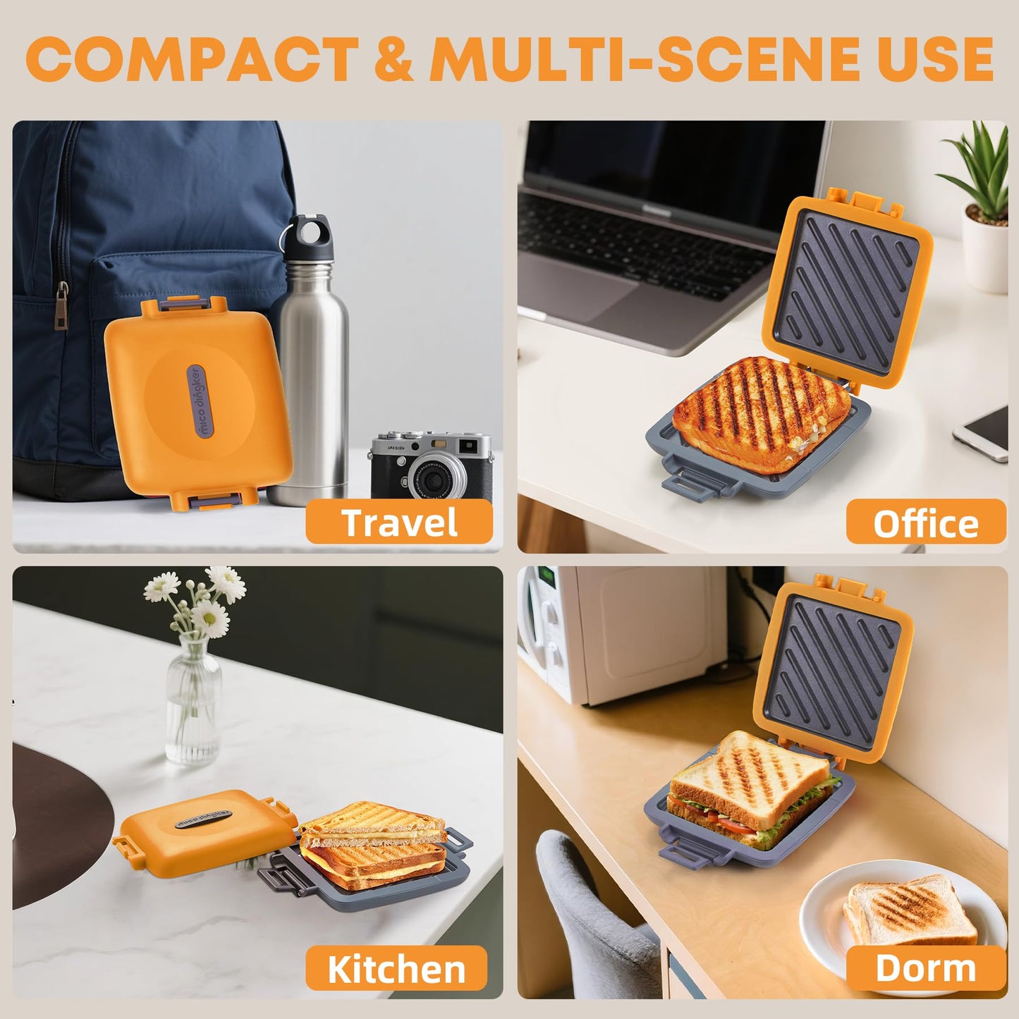 Mico Dingker Microwave Toastie Sandwich Maker, Snack Maker & Panini Press, Removable Non-Stick Plates, Silicone Microwavable Cookware, Heatwave Technology, Orange