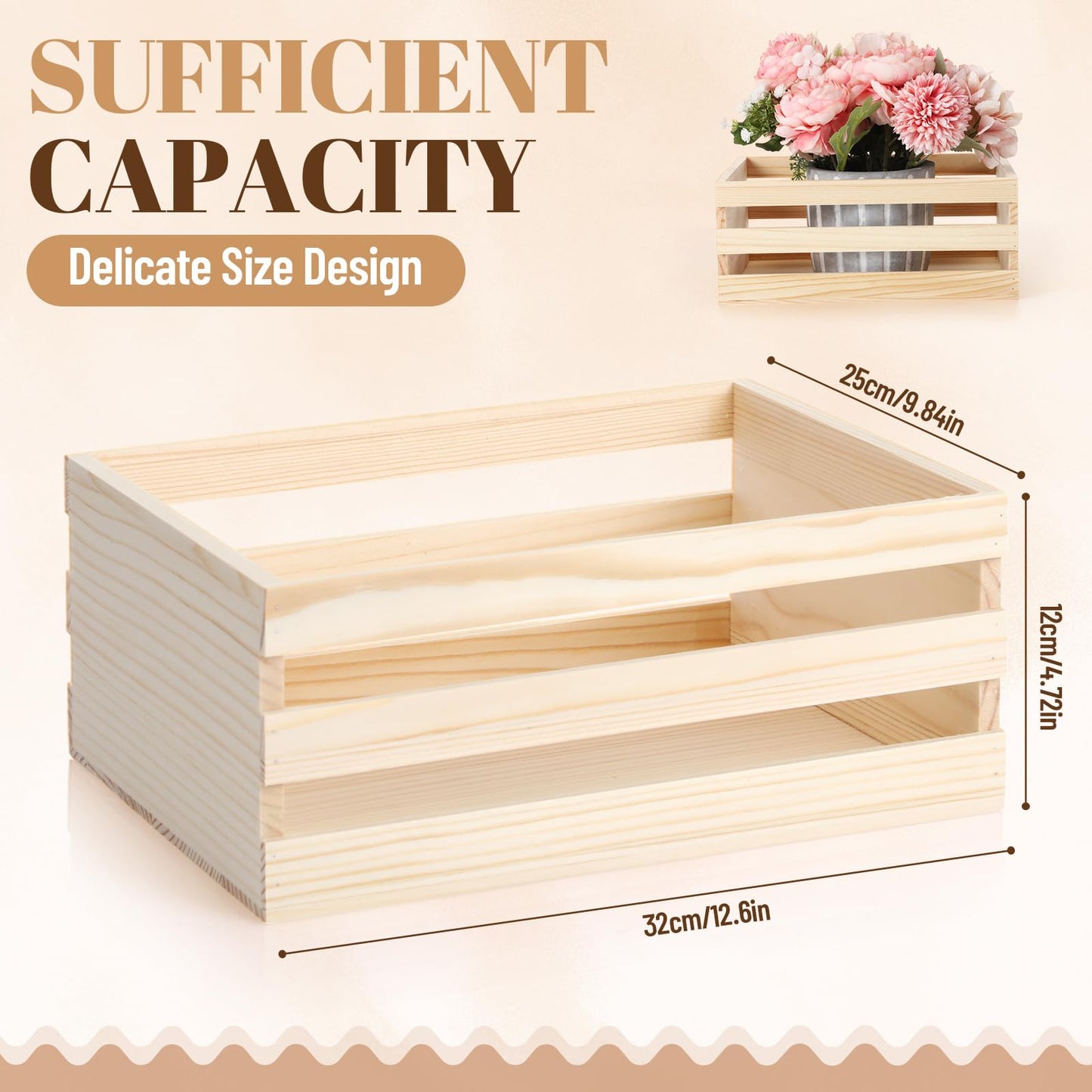 Cinnvoice 6 Pcs 12.5'' Large Wooden Crates for Crafts Unfinished Wood Crate Box for Display DIY Decorative Storage Basket Container Bulk for Decor, Kitchen Home, Pantry, Bedroom, Milk, Book, Arts