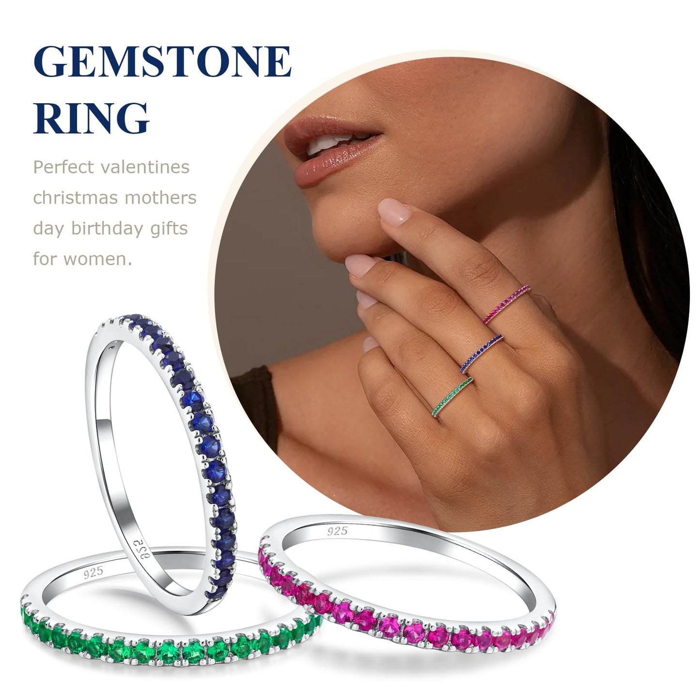 AGRULE 0.4 Cttw Sapphire Rings for Women Men Classic Silver Wedding Band with Gemstone Sterling Silver Half Eternity Band Rings Blue Stone Saphire Ring, Size 10