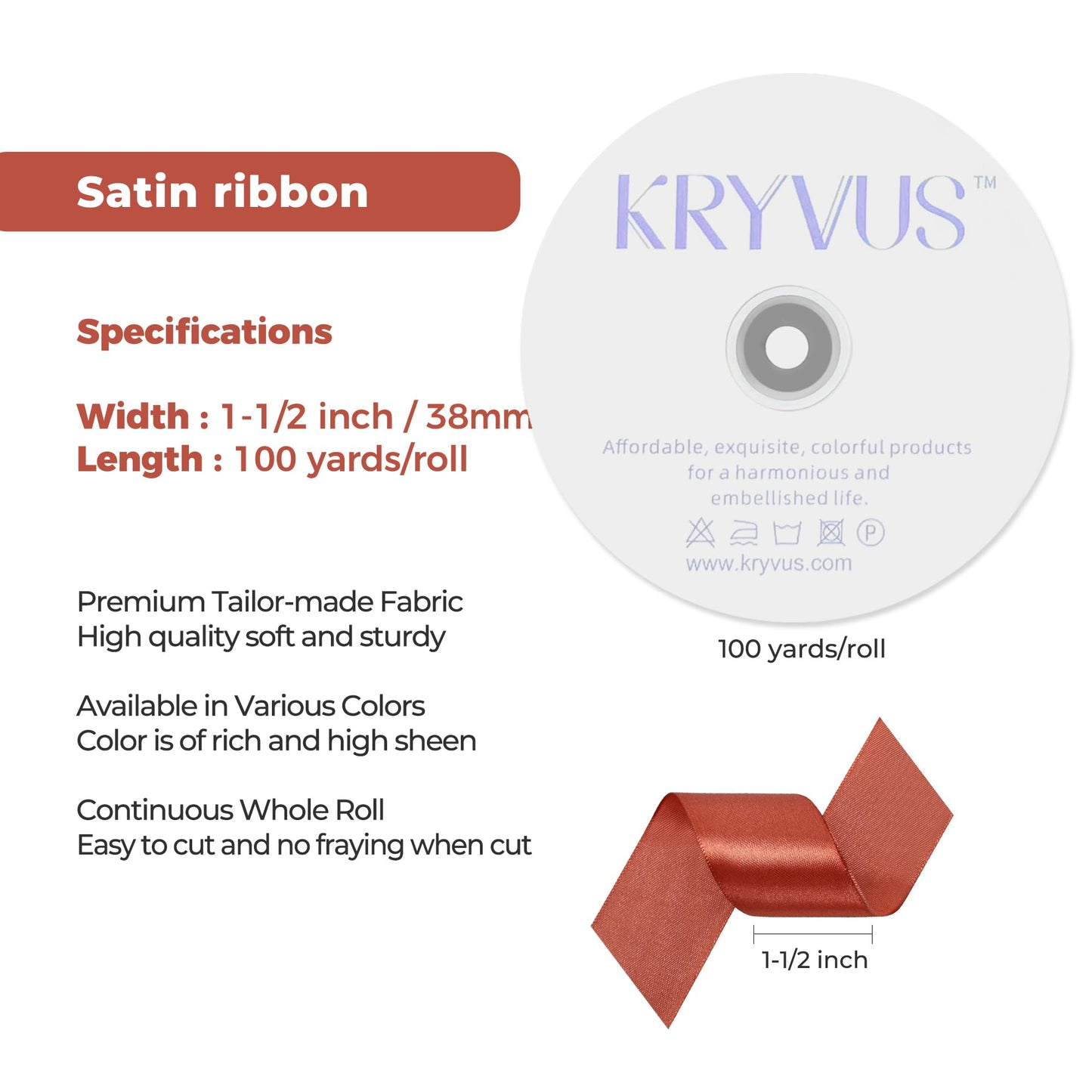 Copper Satin Ribbon 1-1/2 inch X Continuous 100 Yards, Single Face Polyester Ribbon Perfect for Gift Wrapping, Flower Bouquet, Wedding Decor, Crafts, Bow Making, Sewing and More