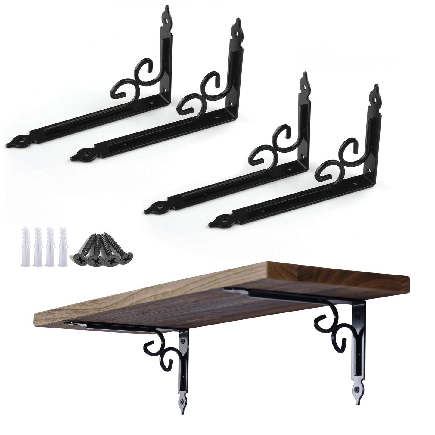 OVOV Shelf Brackets 4 Pcs Heavy Duty Decorative 8 Inch Black Right Angle Shelving Brackets Wall Mounted Shelf Supports for DIY Home Kitchen Living Room