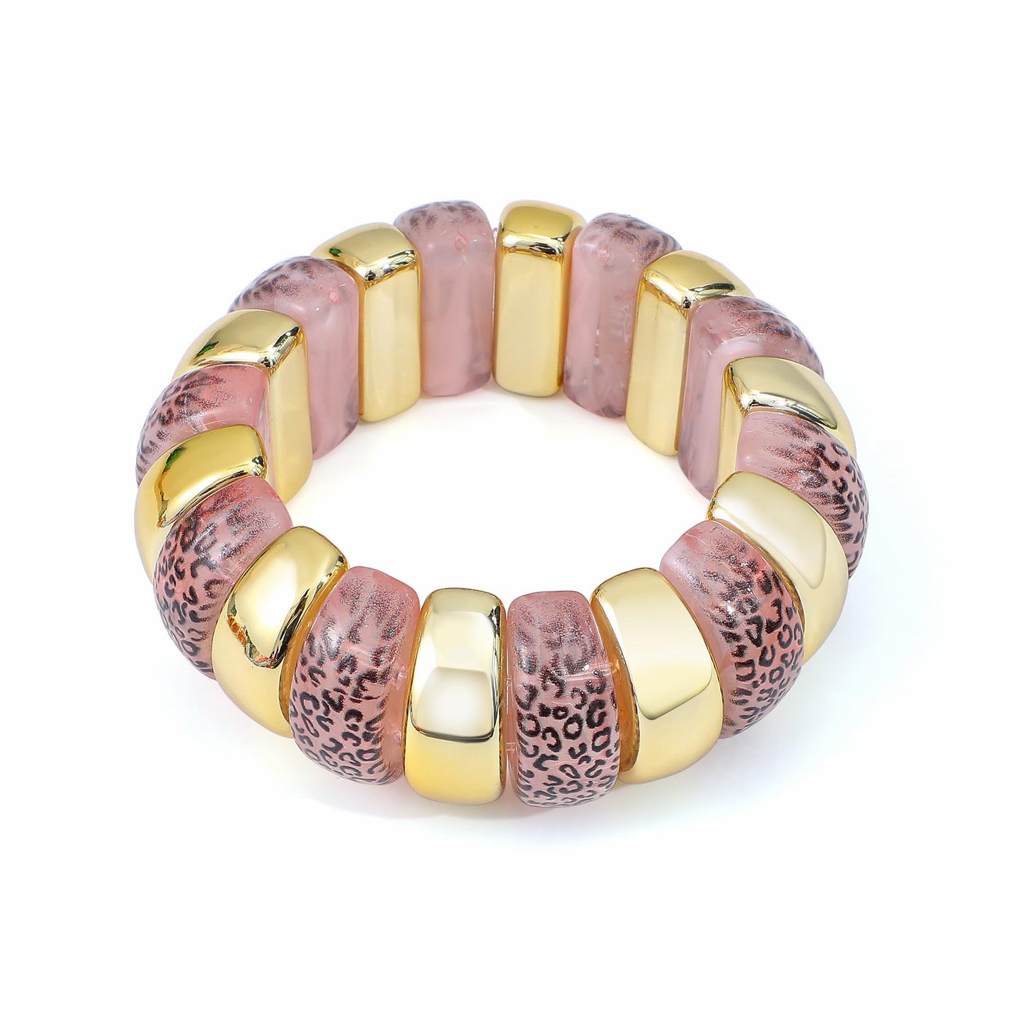 GOOJIDS Leopard Beaded Gold Plated Bangles Bracelet Chunky Bamboo Tube Curved Stacking Clear Acrylic Colorful Beads Stretchable Plated Bracelets Set For Women