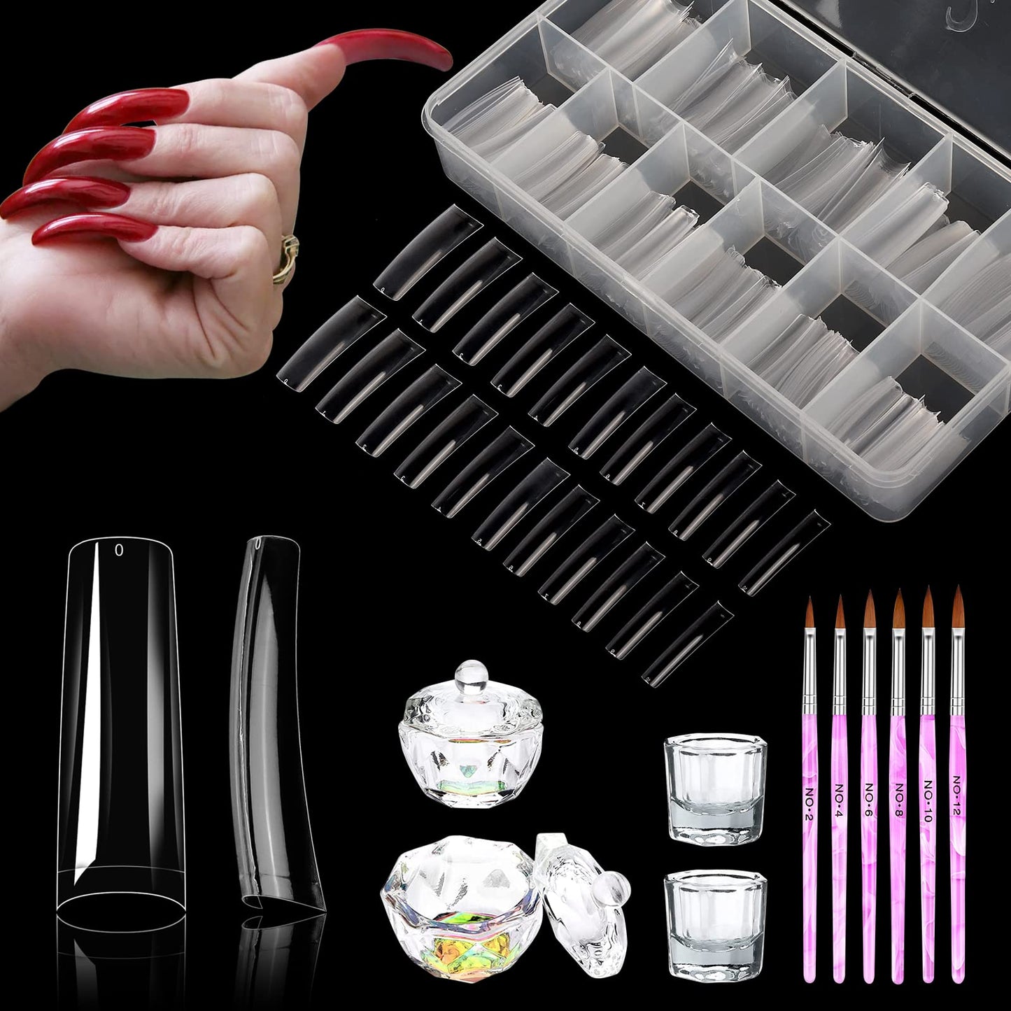 Yokilly Nail Brush Set, 6 PCS Acrylic Nail Art Brush Nail Polish Brush 4PCS Crystal Dappen Dish for Acrylic Nails & 550 PCS Clear Coffin Nail Tips for Professional Acrylic Nails