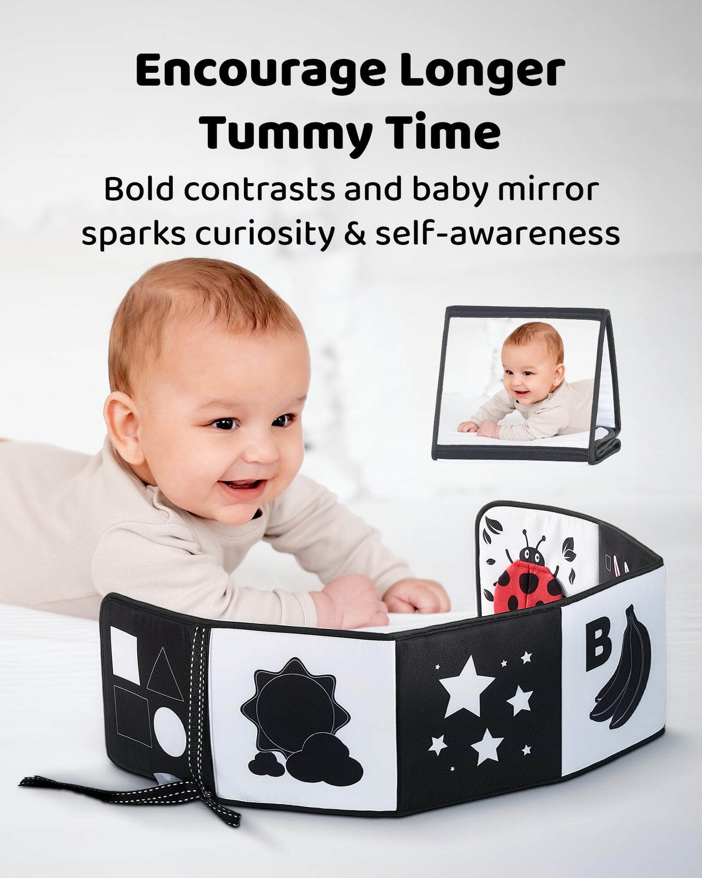 Black and White Baby Books for Newborn - Tummy Time Mirror & Sensory Toys Soft Montessori Toy for Infant Visual Stimulation, Brain Development & Early Learning - High Contrast Toys for 0-6 Months