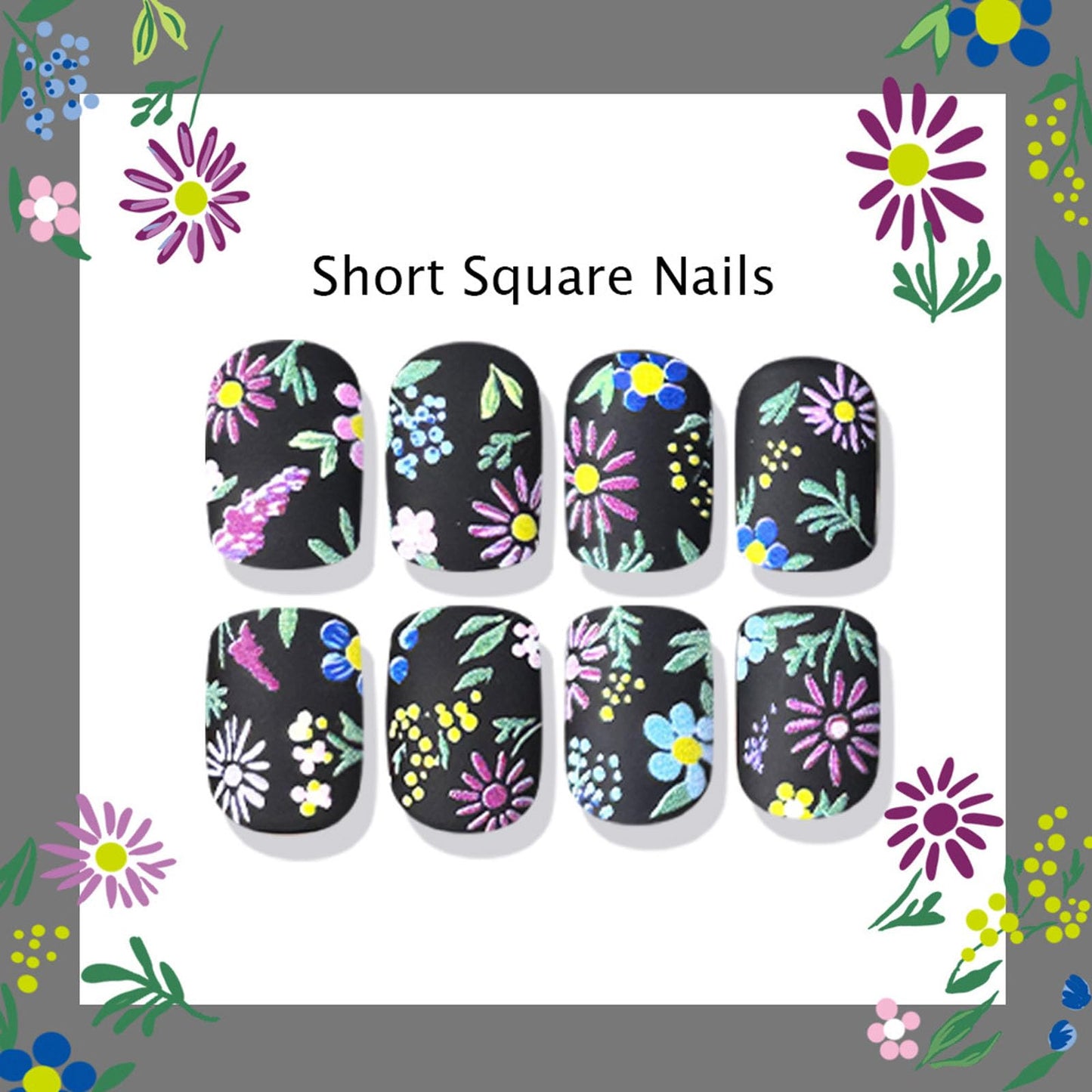 24 Pcs Spring Press on Nails Short Square False Nails Press ons Black Acrylic Glue on Nail with Flowers Design Colorful, Black Full Cover Set Artificial Fake Manicure Stickers for Women