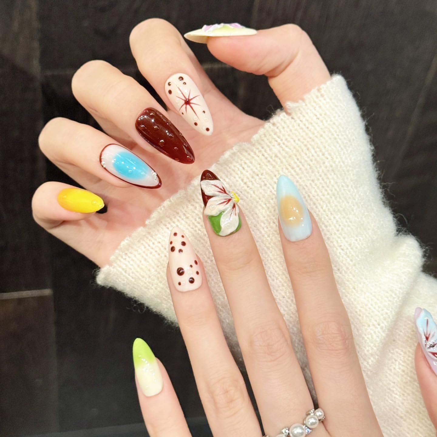 NLSJMP 3D handmade nails press on false nails,Thick Strong Waterprooft almond hand-painted gentle cute colorful beauty stereoscopic acrylic fake nails designed kit,10 Nails, Size L #3333
