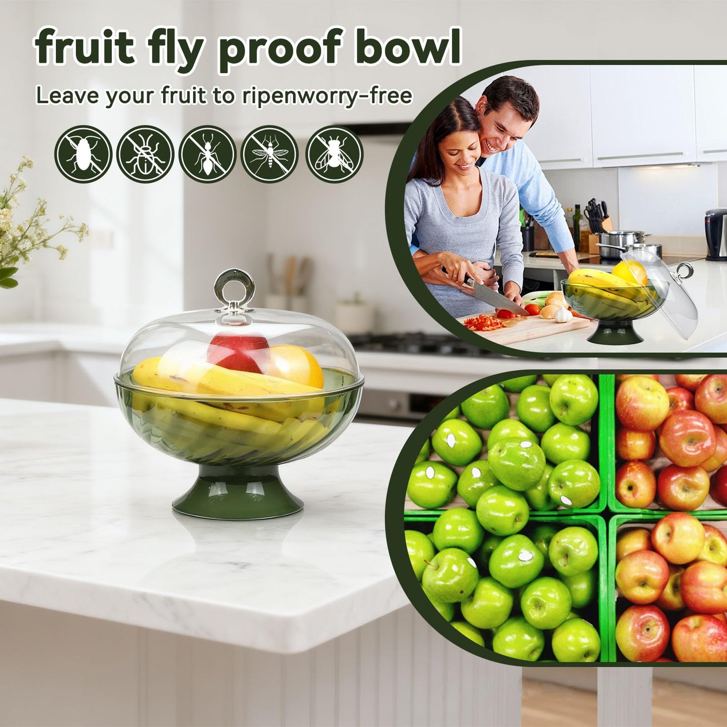 Fruit bowl with lid & Basket - Fruit Fly Proof Kitchen Counter Storage for Fruits & Veggies, Plastic Decorative fruit baske with Draining Holes & Handle (green 1Pcs)